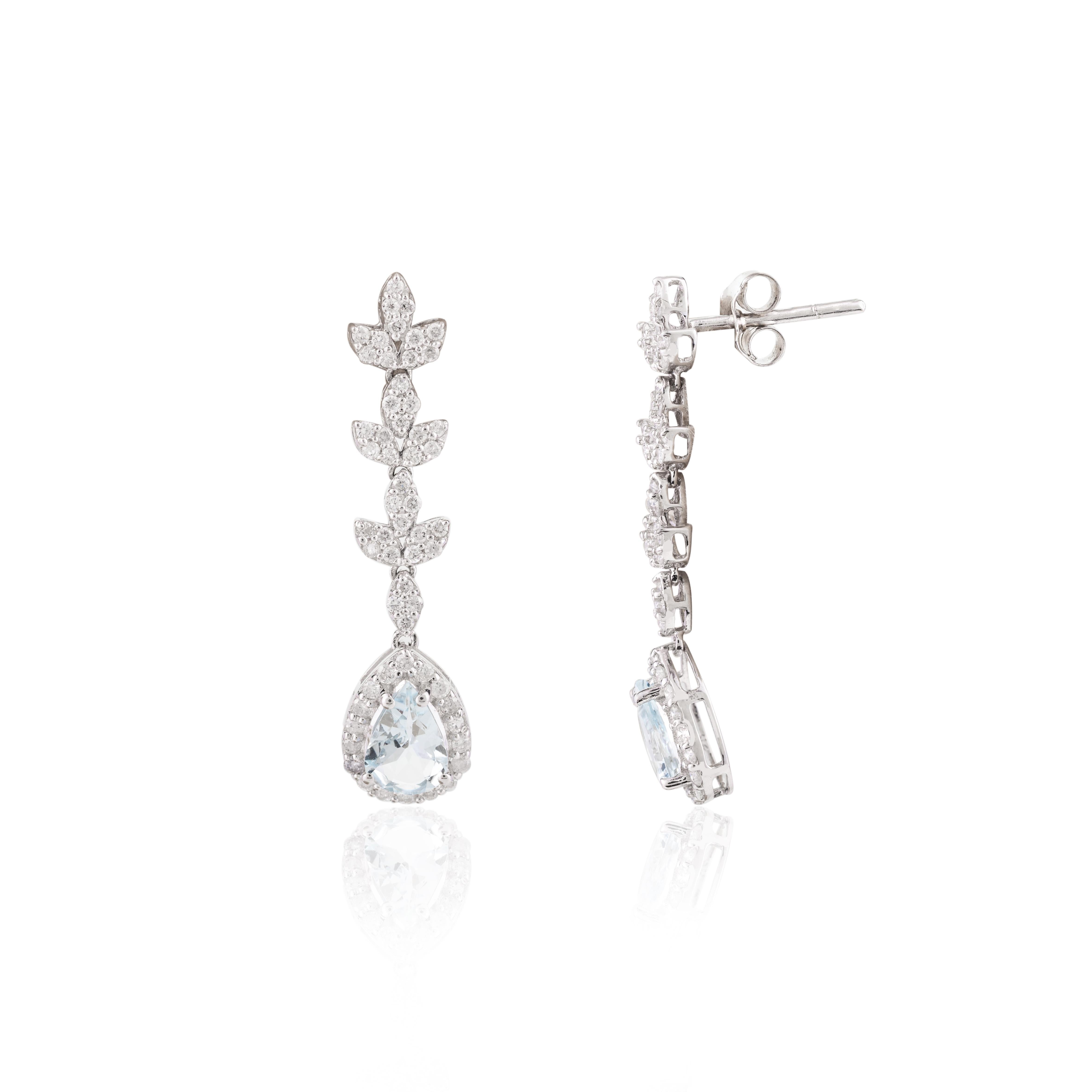 Certified Aquamarine Diamond Long Dangle Earrings in 14k White Gold In New Condition For Sale In Houston, TX