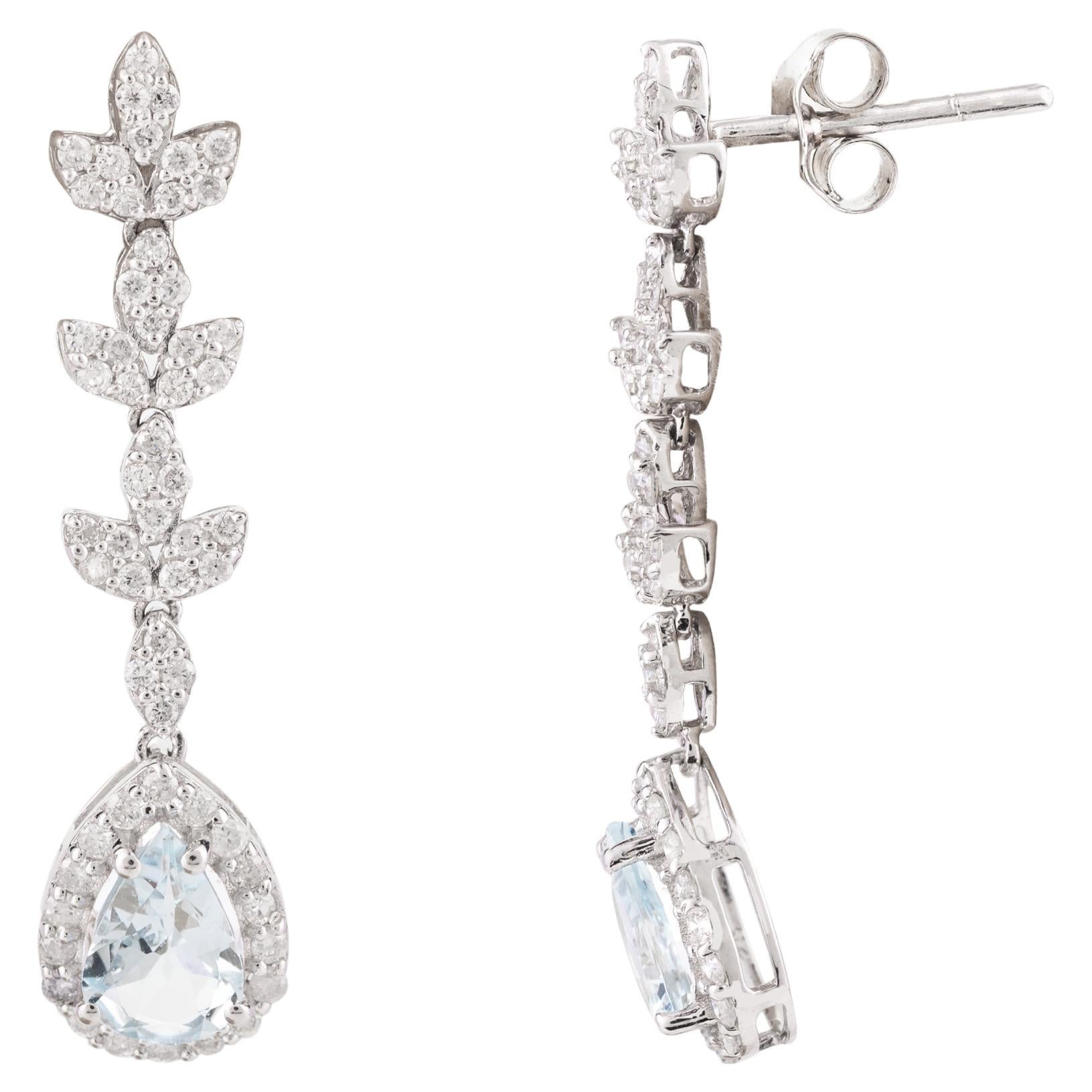 Certified Aquamarine Diamond Long Dangle Earrings in 14k White Gold For Sale