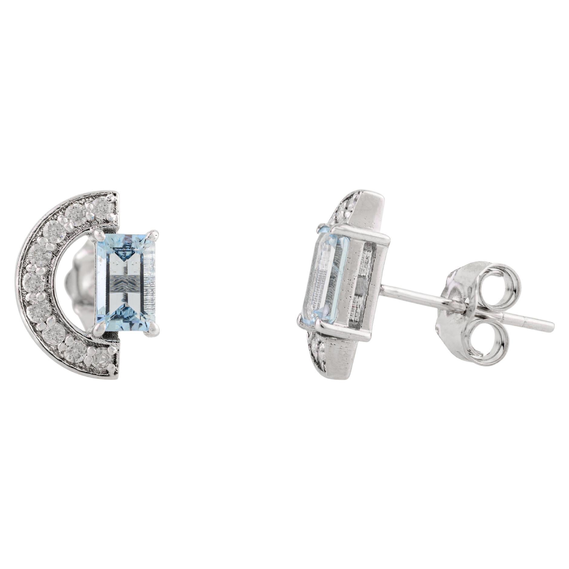 Certified Aquamarine Everyday Stud Earrings with Diamonds in 14k White Gold