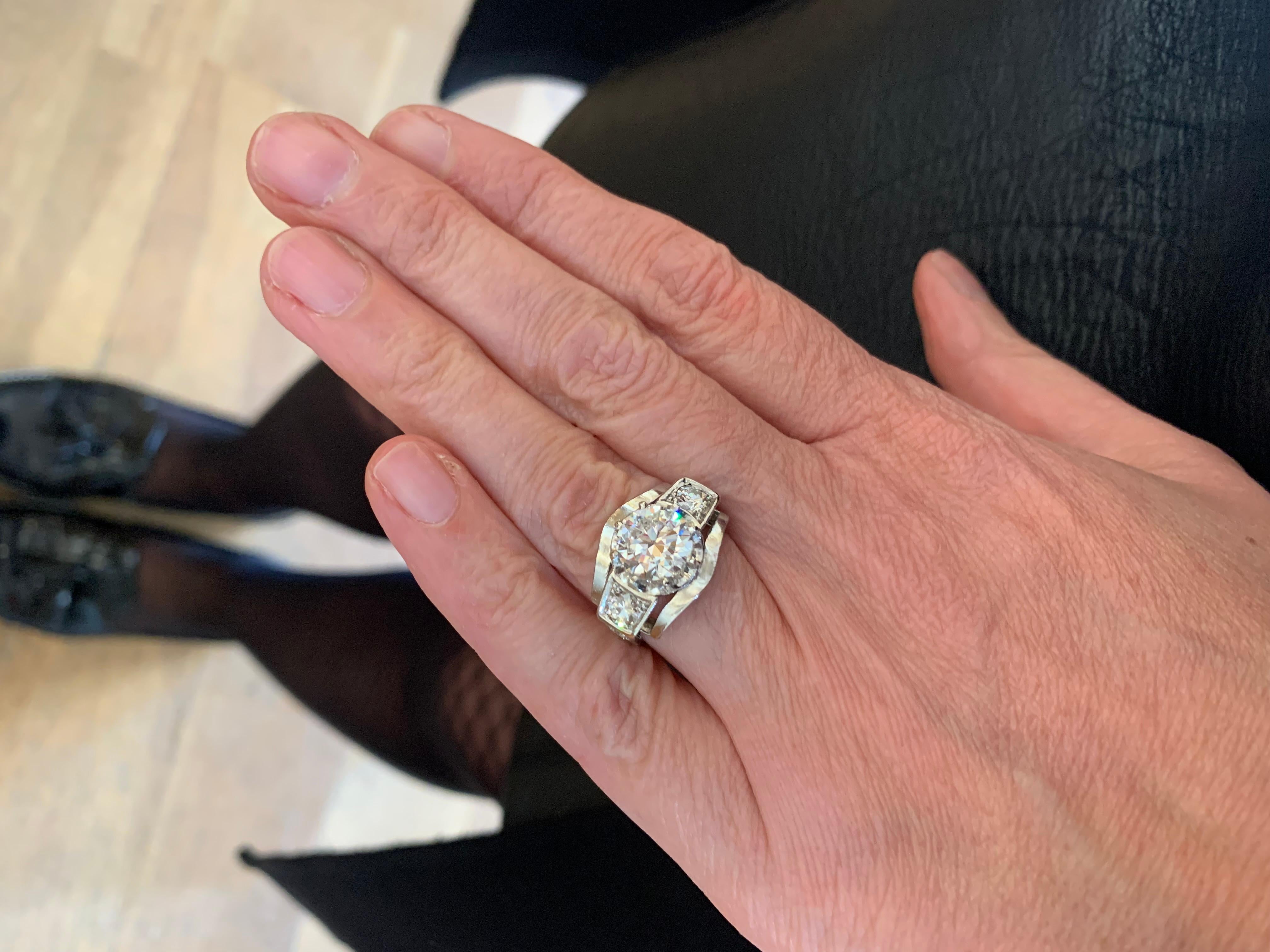 Women's Certified Art Deco Diamond Ring F/SI1 3 Carats Diamonds 18k White Gold