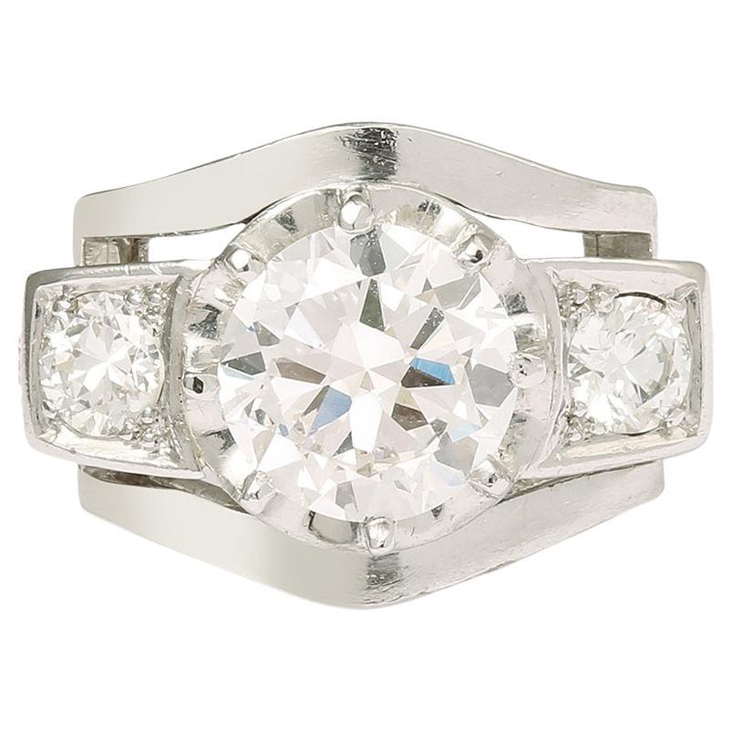 Certified Art Deco Diamond Ring F/SI1 3 Carats Diamonds 18k White Gold