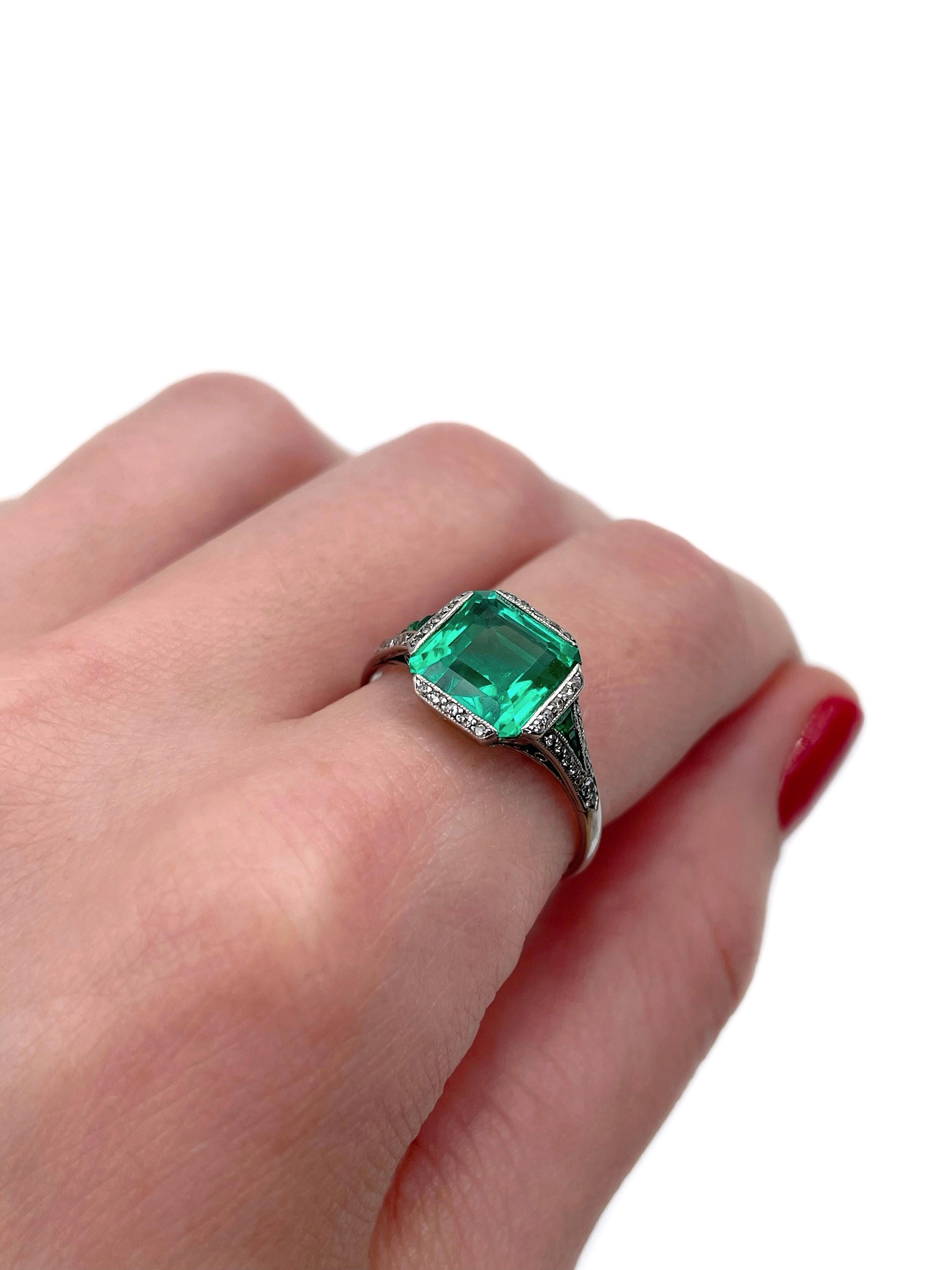 Mixed Cut Certified Art Deco Palladium VVS 2.80 Carat Emerald Diamond Engagement Ring