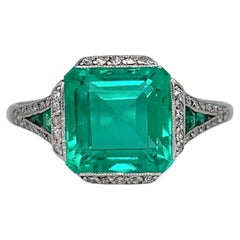 Anillo de compromiso de diamantes esmeralda VVS de paladio art déco certificado de 2,80 quilates