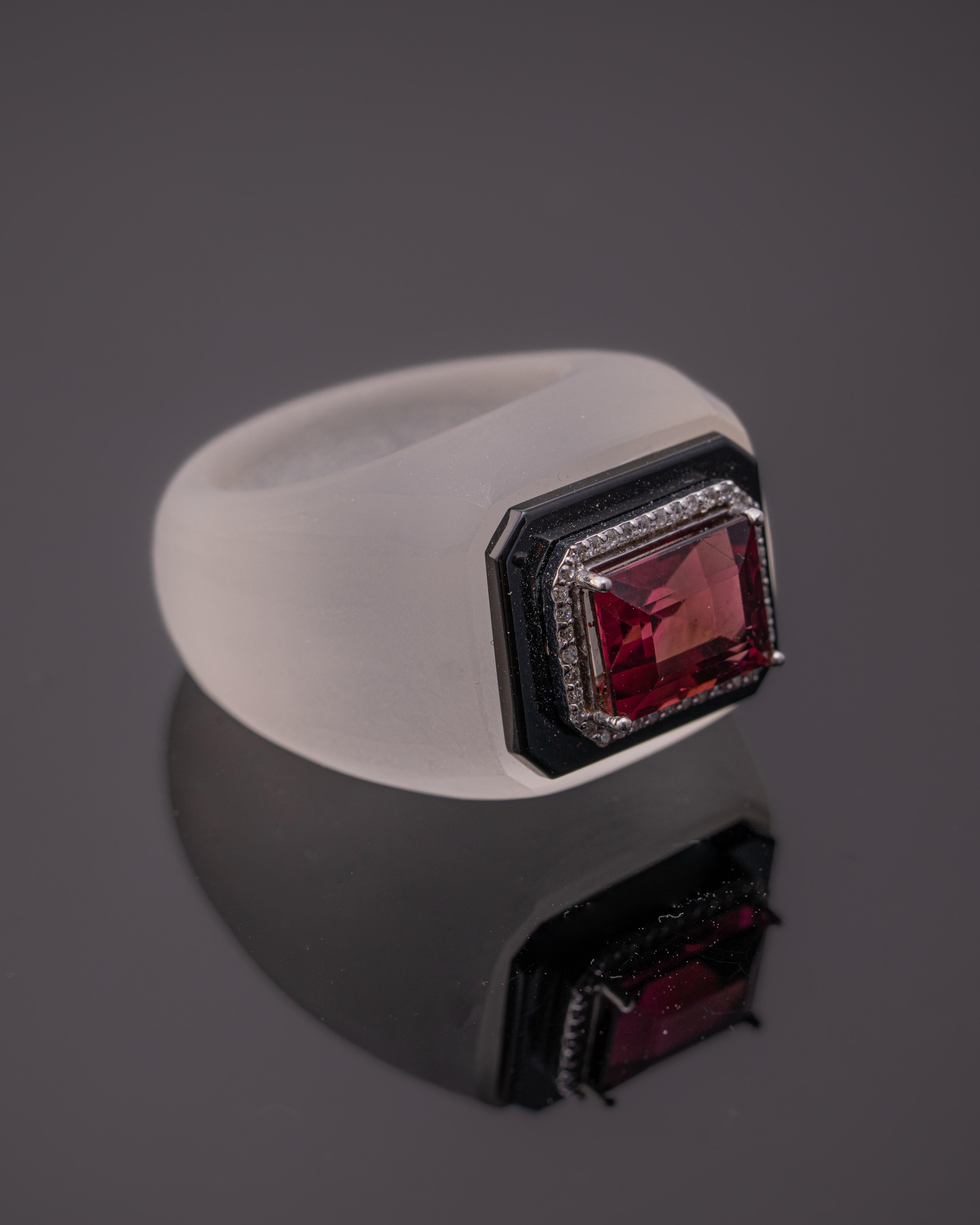 Emerald Cut Certified Art Deco Rock Crystal Cocktail and Pink Tourmaline / Rubilite Ring For Sale