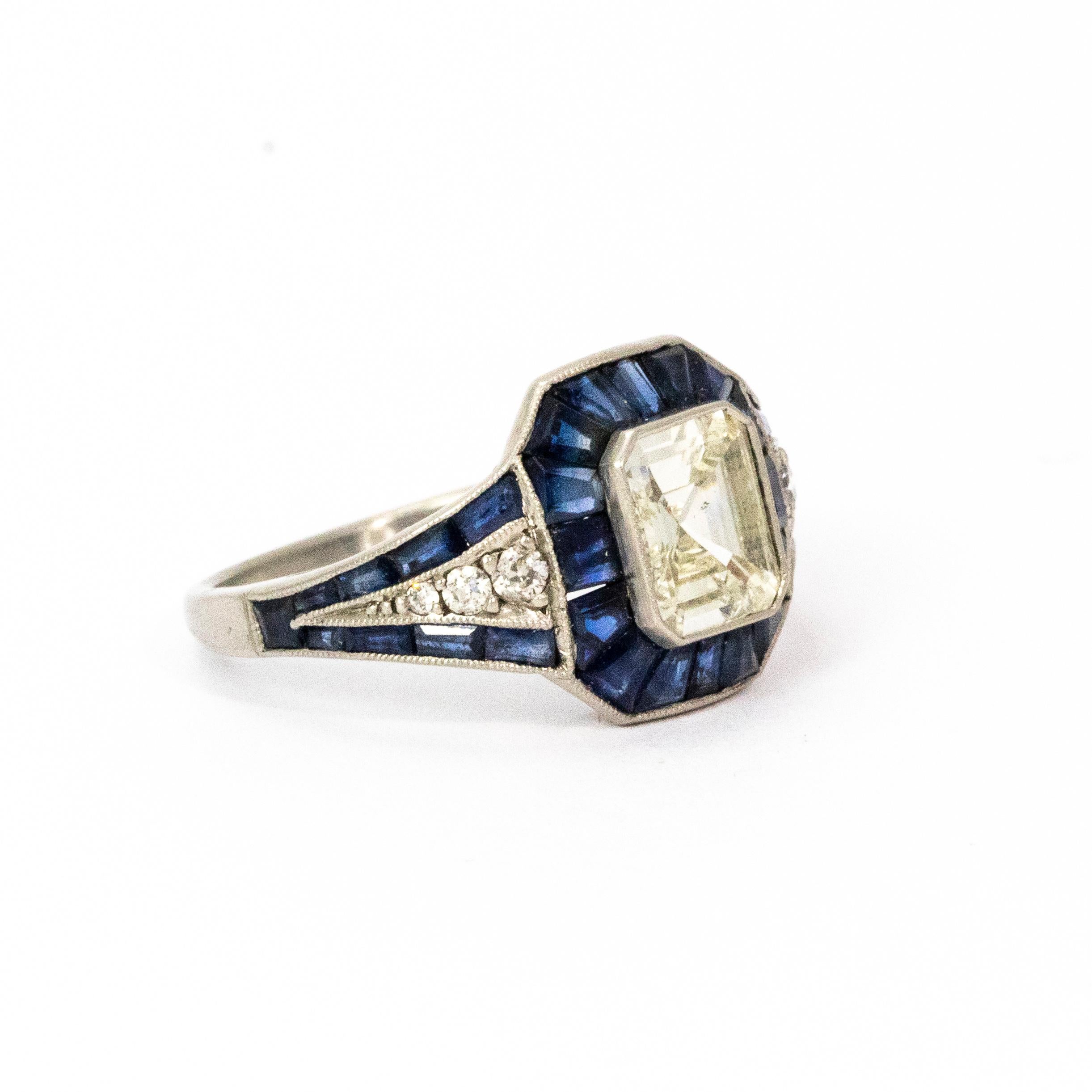 Certified Art Deco Sapphire and Diamond Platinum Ring 1