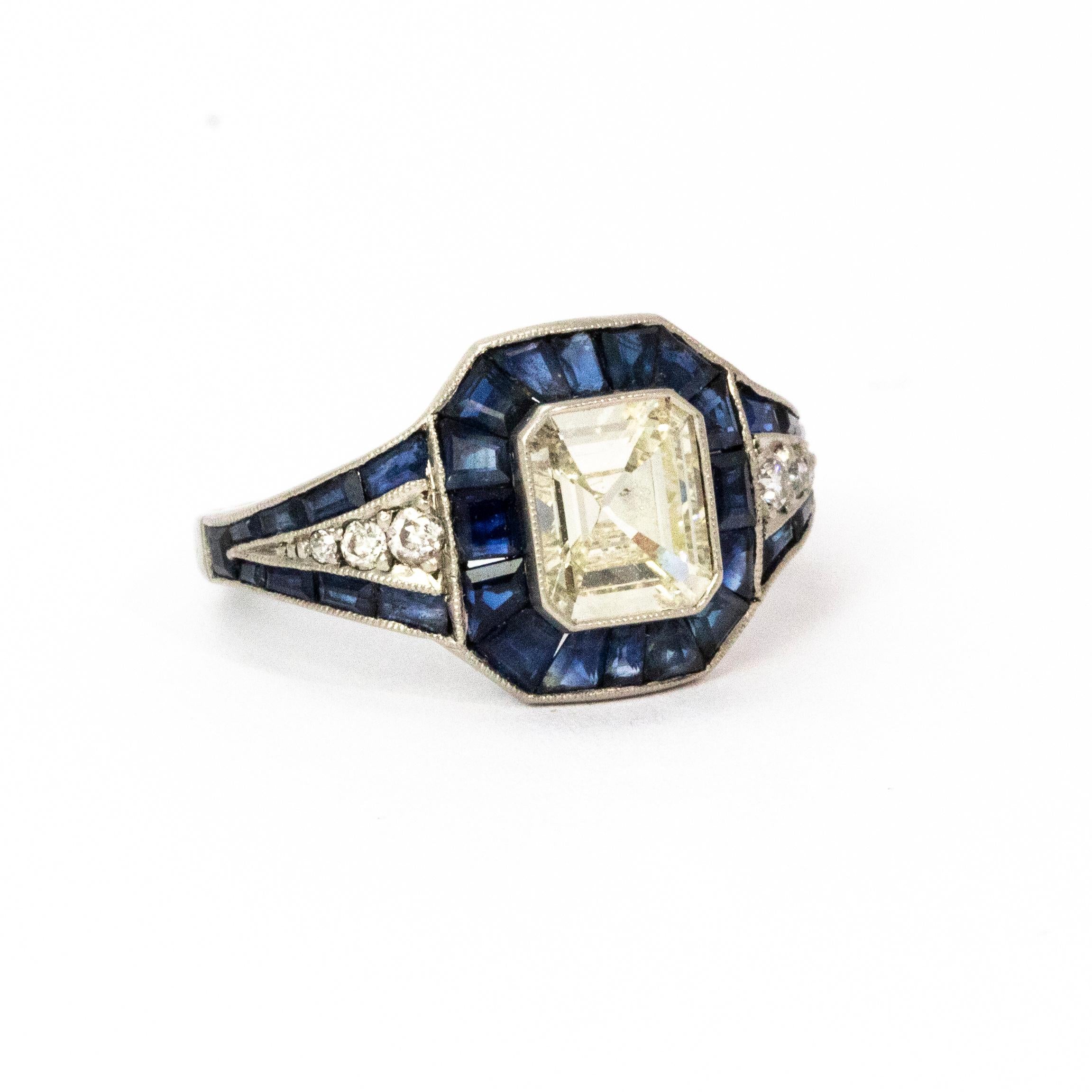 Certified Art Deco Sapphire and Diamond Platinum Ring 2