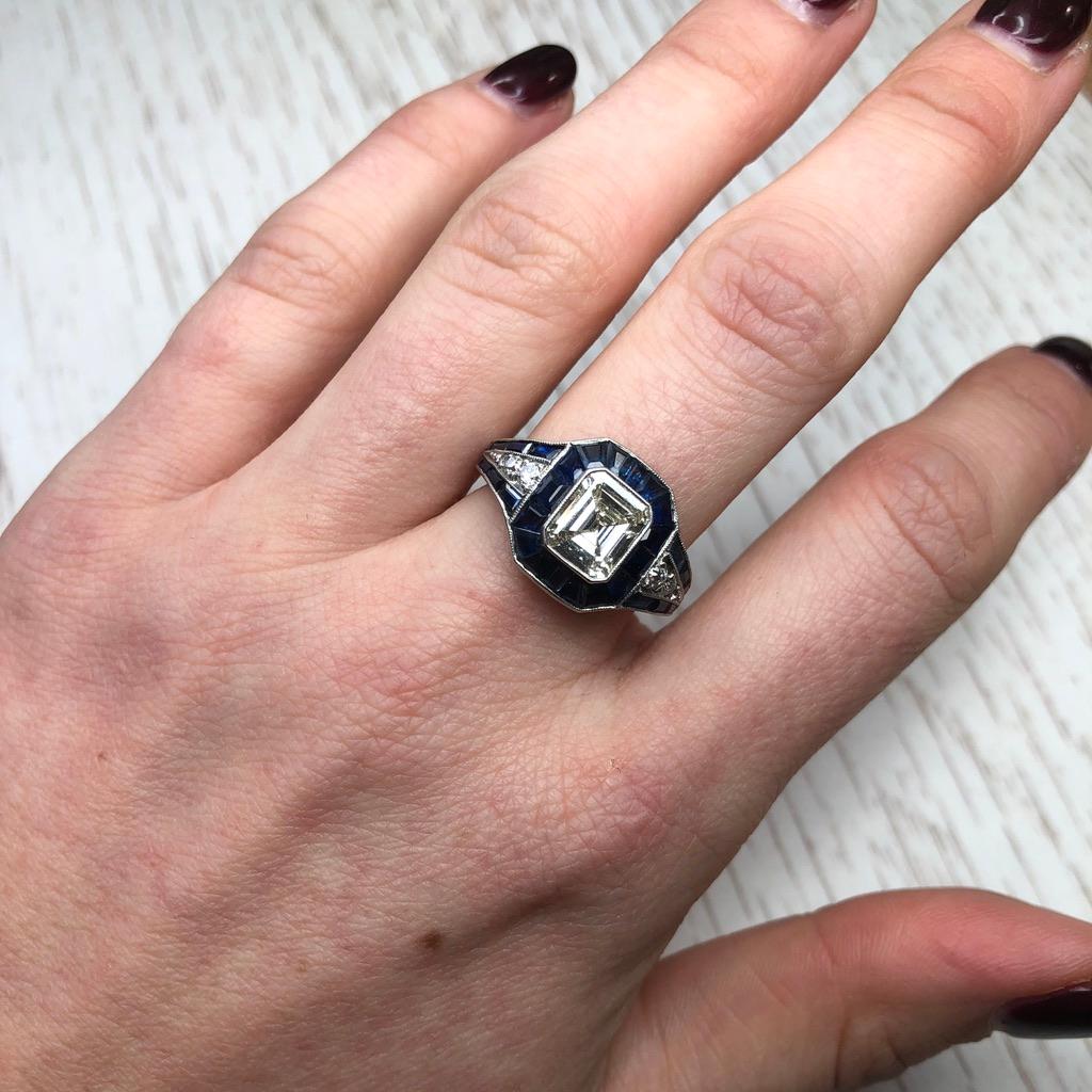 Certified Art Deco Sapphire and Diamond Platinum Ring 3