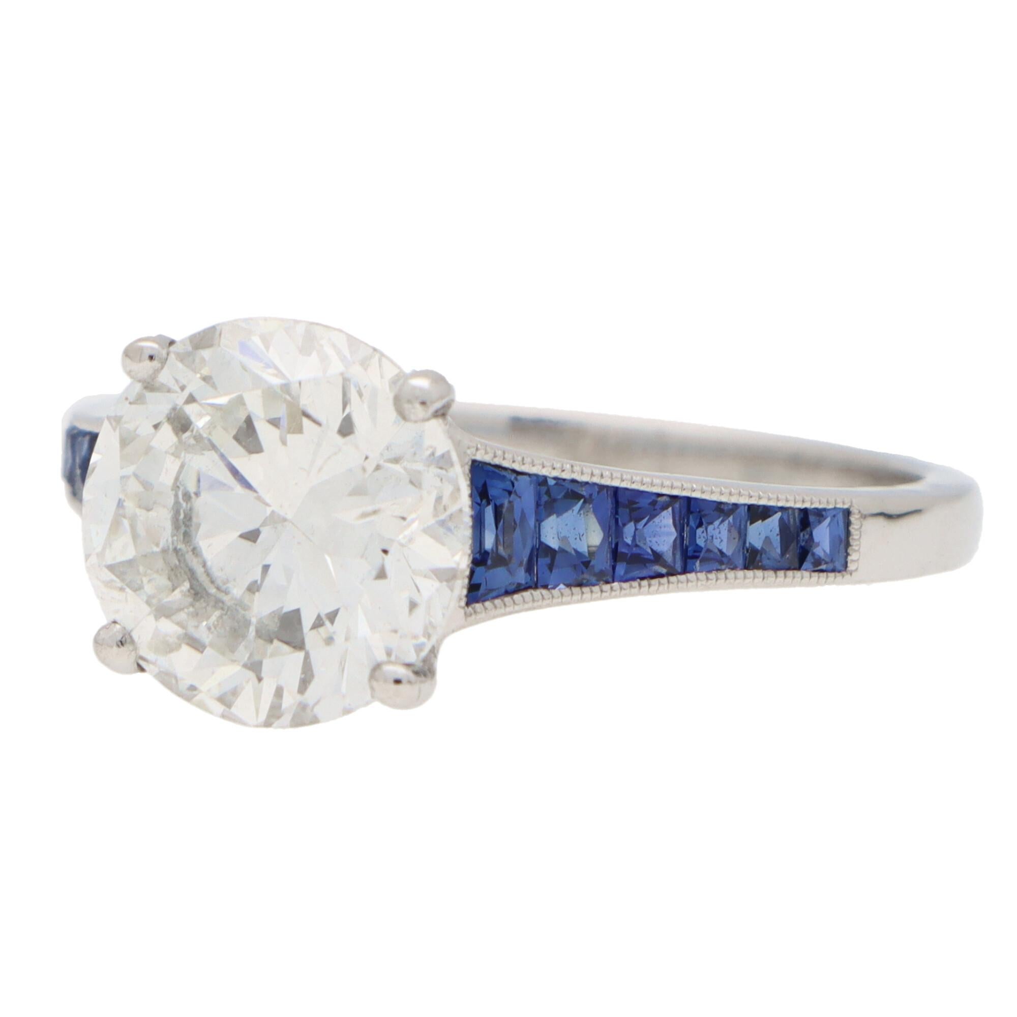 zertifizierter Verlobungsring im Art-déco-Stil mit Diamanten und Saphiren aus Platin (Rundschliff) im Angebot