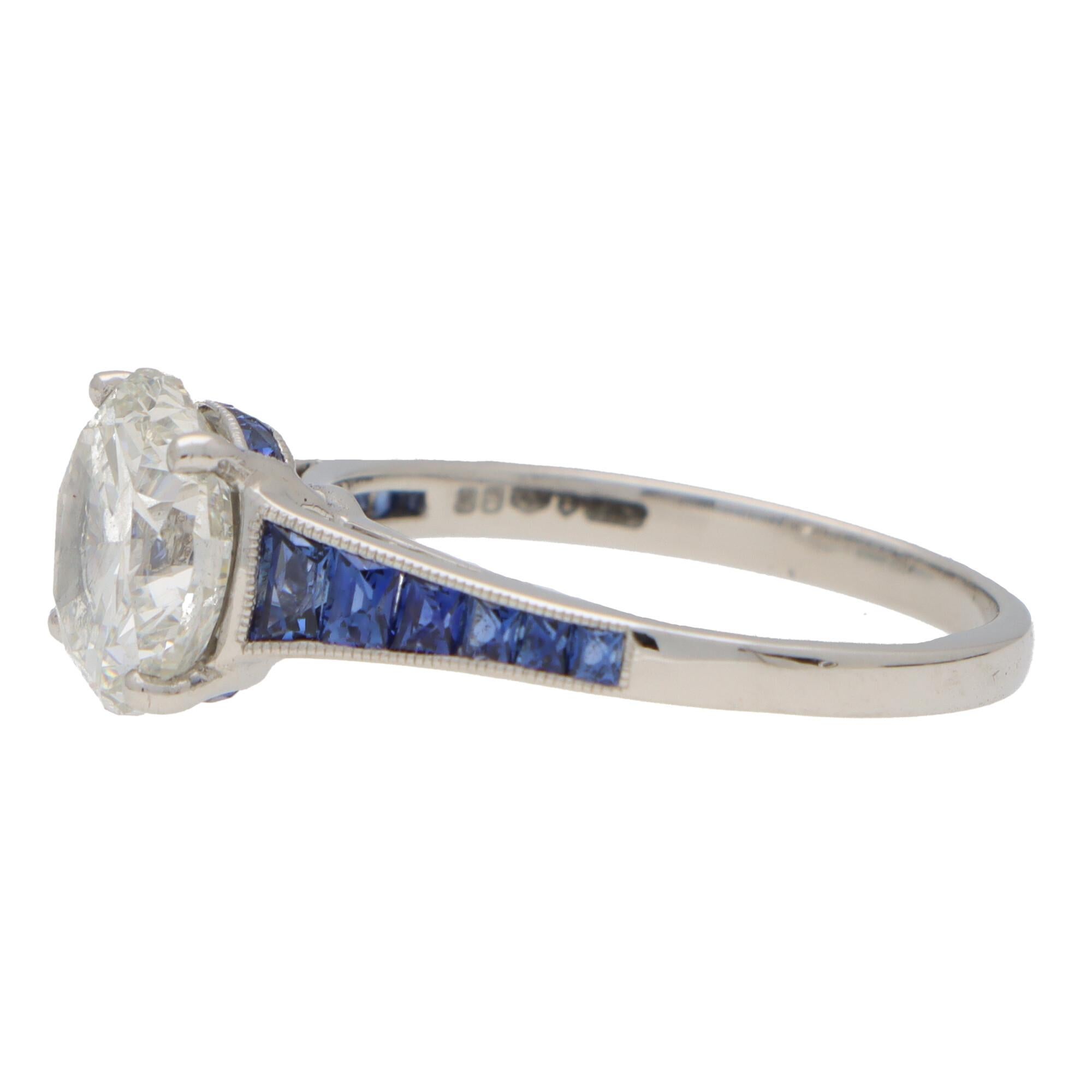 Women's or Men's Certified Art Deco Style Diamond and Sapphire Engagement Ring Set in Platinum For Sale