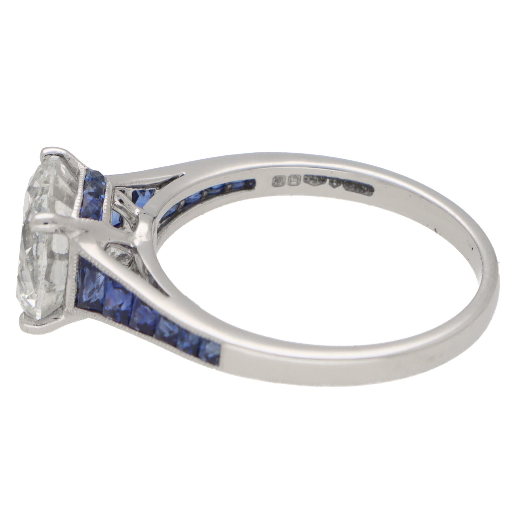 Certified Art Deco Style Diamond and Sapphire Engagement Ring Set in Platinum For Sale 1