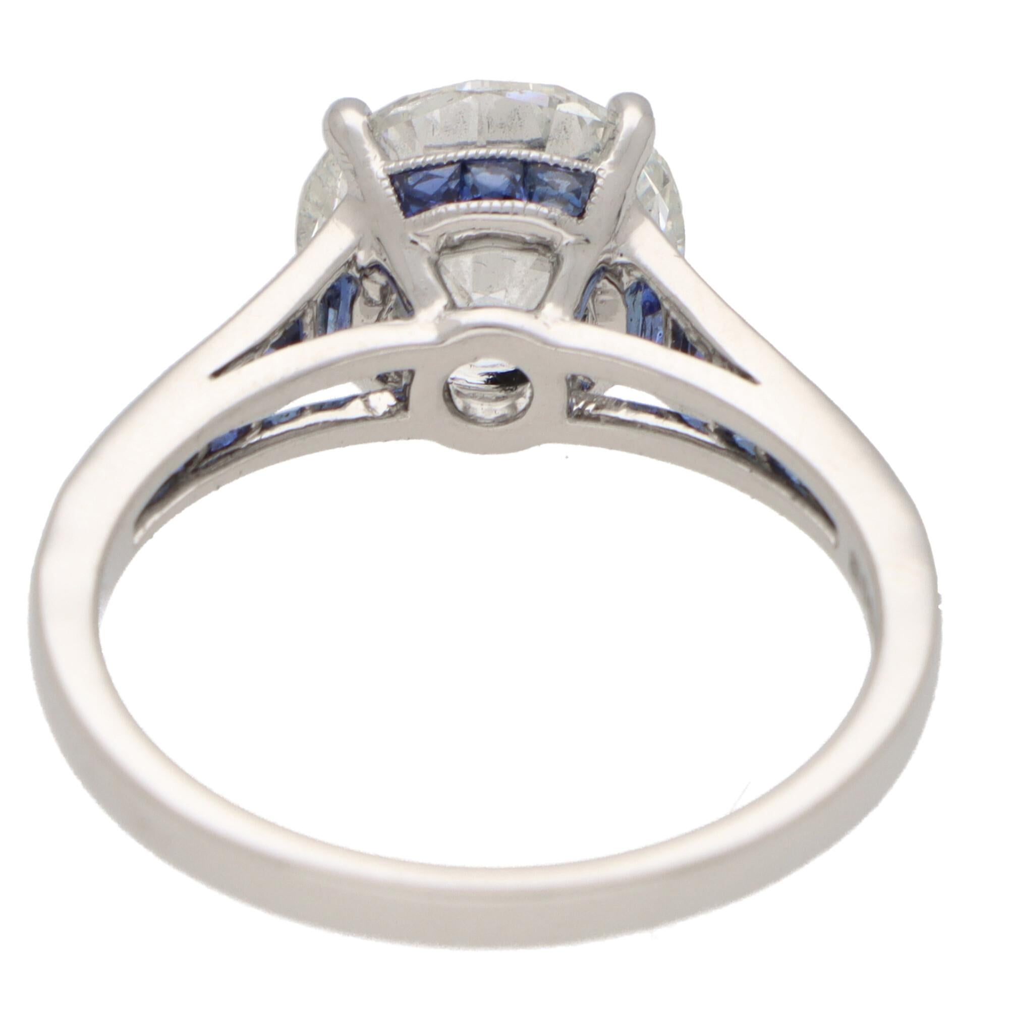 Certified Art Deco Style Diamond and Sapphire Engagement Ring Set in Platinum For Sale 2
