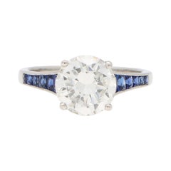 Certified Art Deco Style Diamond and Sapphire Engagement Ring Set in Platinum