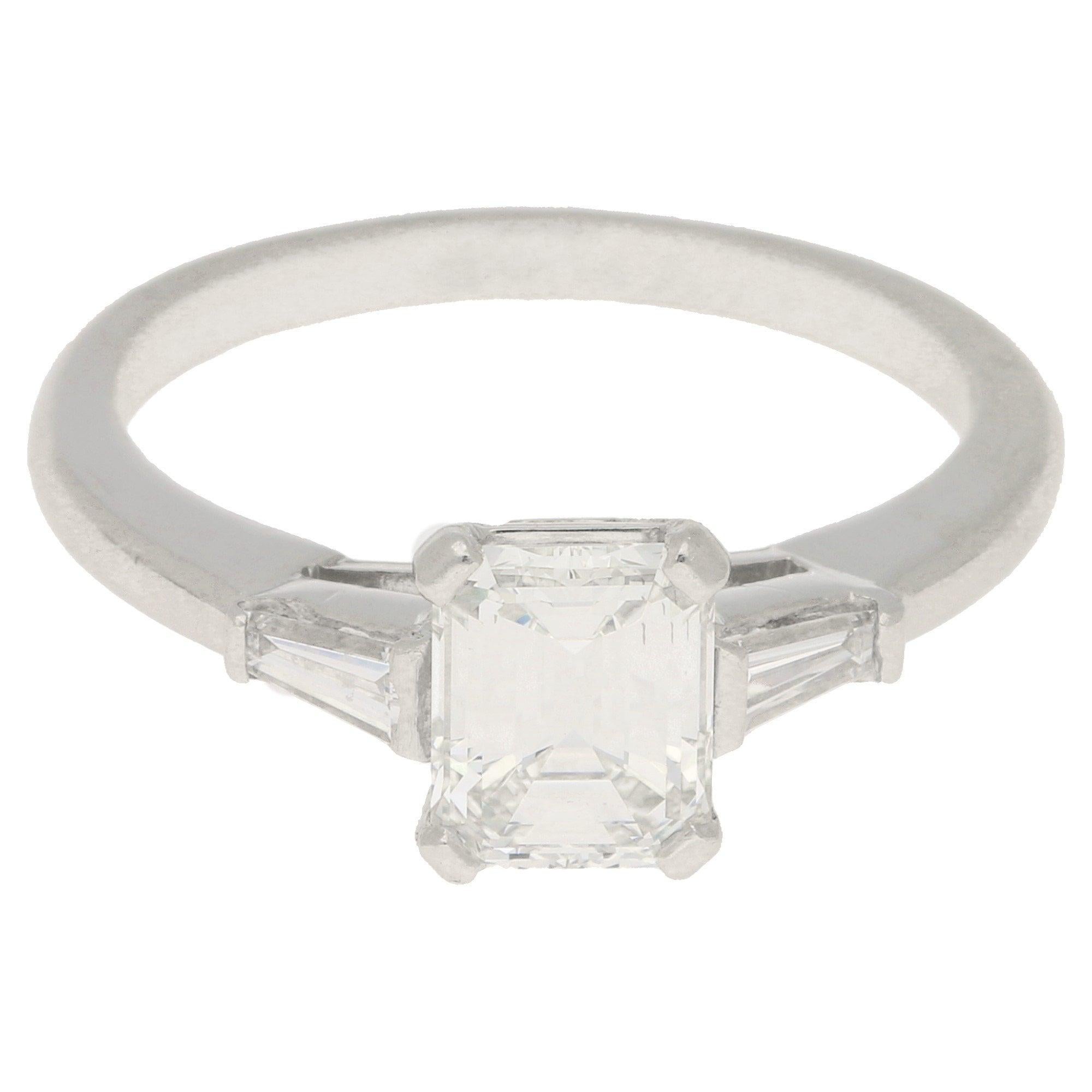 Certified Art Deco Style Emerald Cut Three-Stone Engagement Ring in Platinum 1