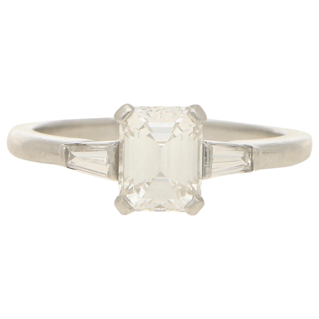 Certified Art Deco Style Emerald Cut Three-Stone Engagement Ring in Platinum