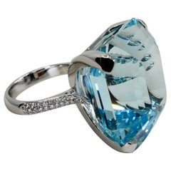 Certified Asscher Cut Aquamarine 55.73 Carat and Diamond Statement Cocktail Ring