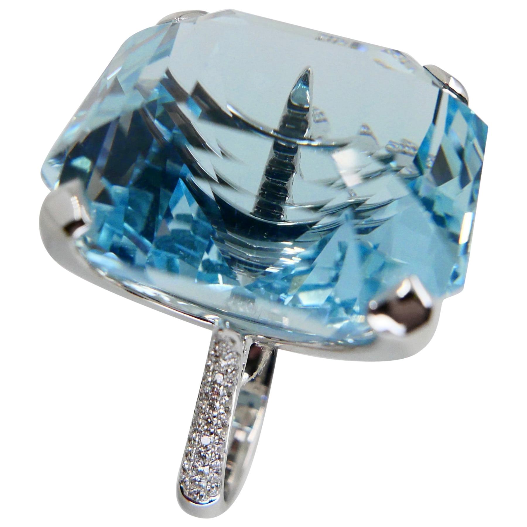 Certified Asscher Cut Aquamarine 55.73 Carat and Diamond Statement Cocktail Ring In New Condition In Hong Kong, HK