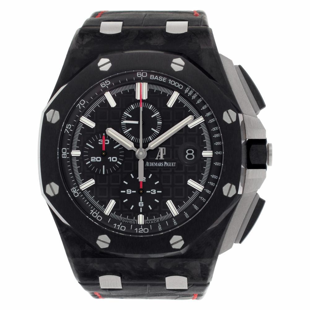 Audemars Piguet Royal Oak Offshore Reference #:26400AU.OO.A002CA.01. Audemars Piguet Offshore in carbon fiber & ceramic on a black alligator strap with red stitching. Automatic movement under glass with date and chronograph. Part of a collection -