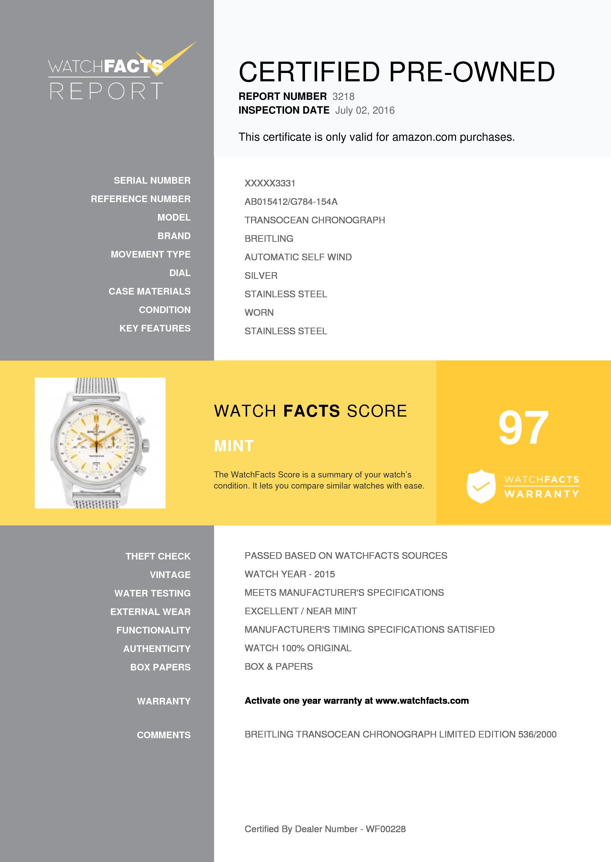 Breitling Transocean Reference #:AB0154. Stainless steel case and bracelet. Fixed stainless steel bezel.Silver dial with gold-tone luminescent hands and stick hour markers. Dial Type: Analog. Date display appears at 6 o'clock position. Two white