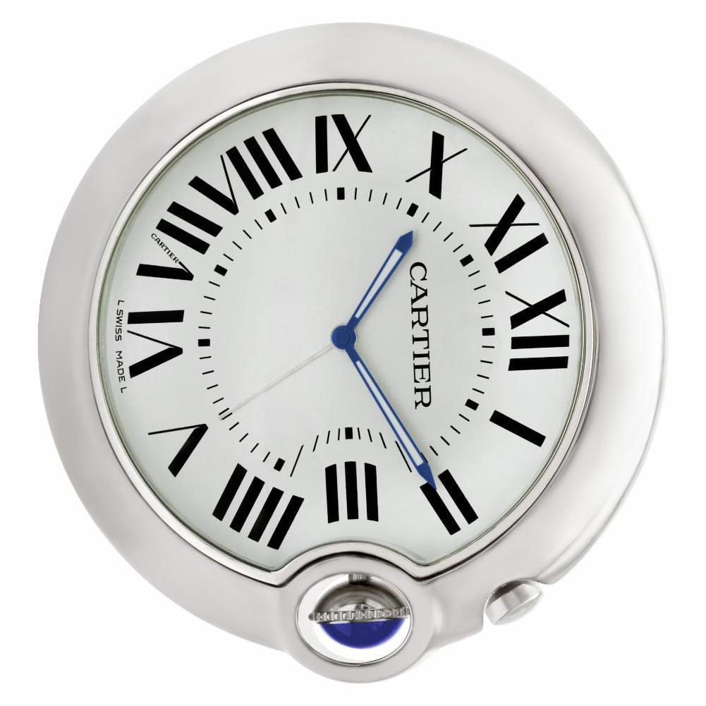 Cartier Ballon Bleu Reference #:W0100074. Like New, Mint Condition Cartier Ballon Bleu Desk Clock in stainless steel. With sweep seconds. With box and papers. Size 82.5 mm. Fine Pre-owned Cartier Watch. White Roman Numeral Analog dial. Solid Case