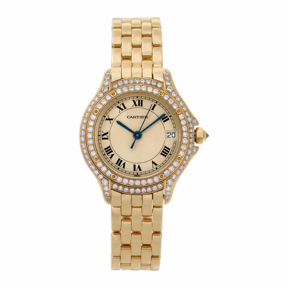 Cartier Cougar Reference #:C887907. Cartier Cougar in 18k with factory original diamond bezel, case & lugs. Quartz w/ sweep seconds and date. Ref. C887907. Circa 1990s. Fine Pre-owned Cartier Watch. Certified preowned Classic Cartier Cougar C887907
