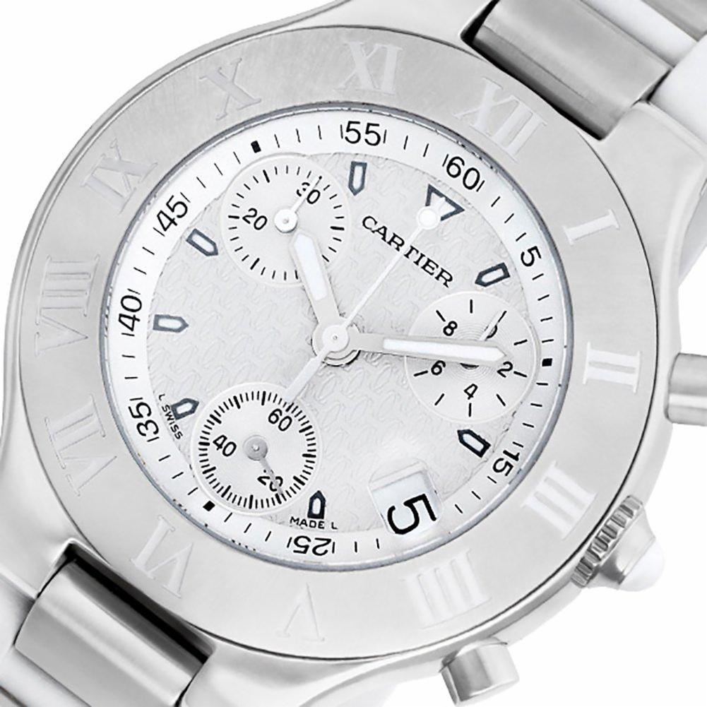 Cartier Must 21 Reference #:W10184U2. Cartier Chronoscaph 21 on white rubber & stainless steel band. Quartz w/ subseconds, date and chronograph. Ref W10184U2. Fine Pre-owned Cartier Watch. Certified preowned Cartier Chronoscaph 21 W10184U2 watch is