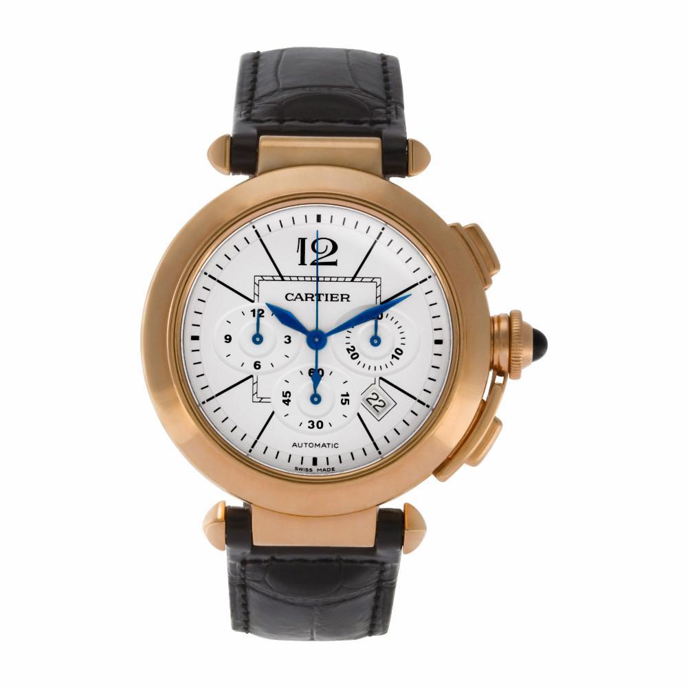 Cartier Pasha Reference #:W3019951. Cartier Pasha Chrono 42mm in 18k rose gold on alligator strap with 18k rose gold deployant buckle. Auto w/ subseconds, date and chronograph. Ref w3019951. Circa 2010s. Fine Pre-owned Cartier Watch. Certified