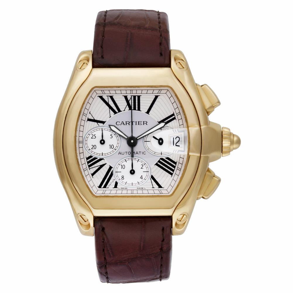 Cartier Roadster Reference #:W62021Y3. Gents Cartier Roadster Chronograph in 18k on a brown Cartier alligator strap with 18k deployant buckle. Auto w/ subseconds, date and chronograph. Ref W62021Y3. Circa 2000s. Fine Pre-owned Cartier Watch.