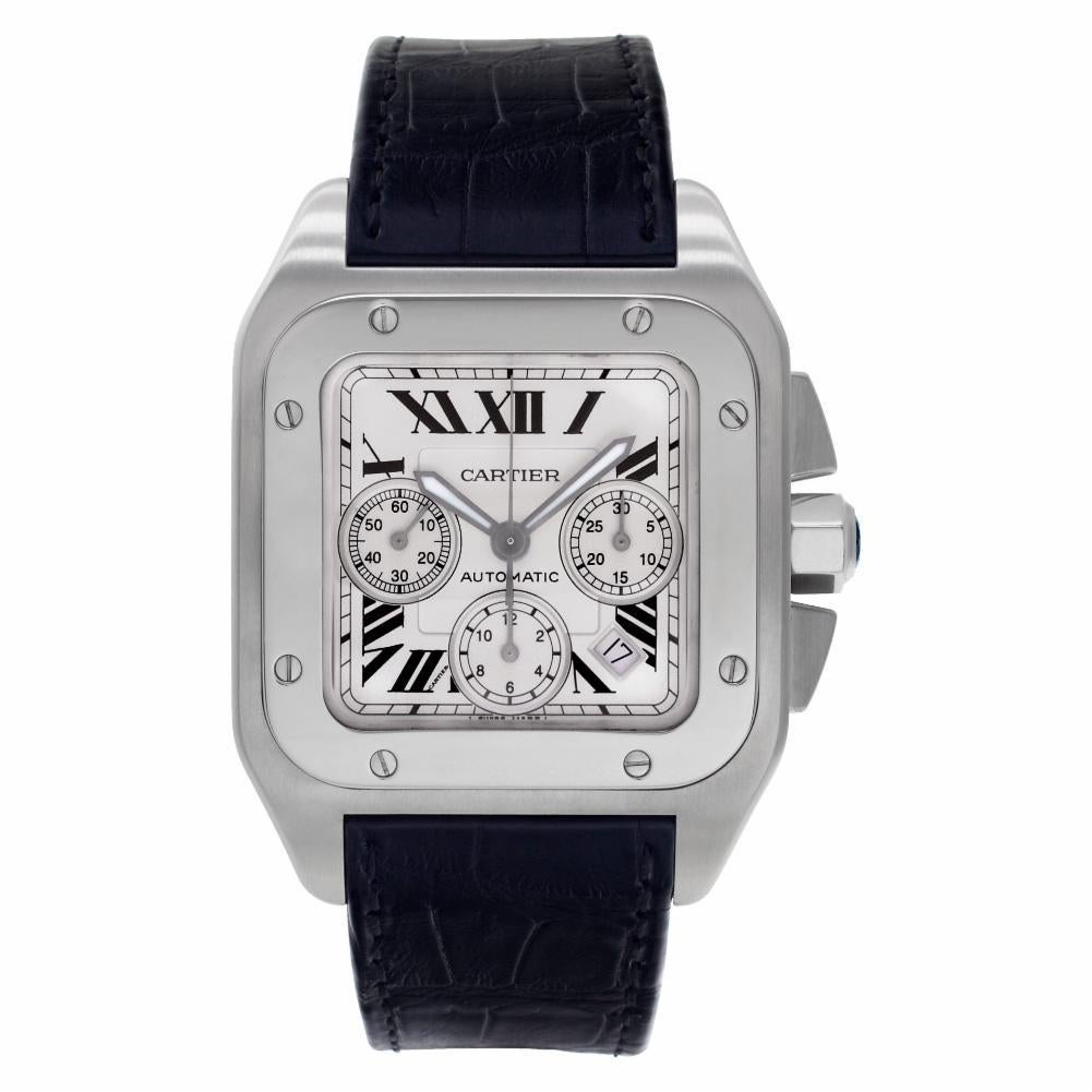 Cartier Santos 100 Reference #:W20090X8. Cartier Santos 100 in stainless steel on an alligator on leather strap. Auto w/ subseconds, date and chronograph. Ref W20090x8. Fine Pre-owned Cartier Watch. Certified preowned Sport Cartier Santos 100