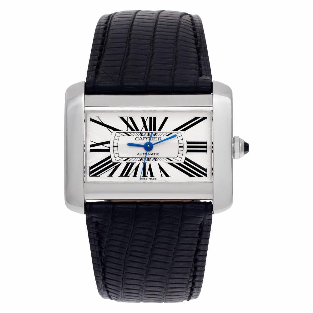 Cartier Tank Divan Reference #:W6300755. Cartier Tank Divan in stainless steel on black leather band. Auto w/ sweep seconds. Ref W6300755. Circa 2000s. Fine Pre-owned Cartier Watch. Certified preowned Classic Cartier Tank W6300755 watch is made out