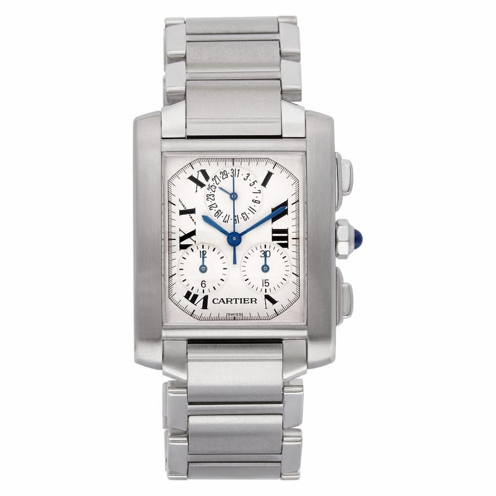 Cartier Tank Francaise Reference #:W51001Q3 . Cartier Tank Francaise perpetual calendar chronograph in stainless steel. Quartz movement with sweep seconds and perpetual calendar. With service papers from Cartier dated 2018.Ref W51001Q3. Circa 1990s.
