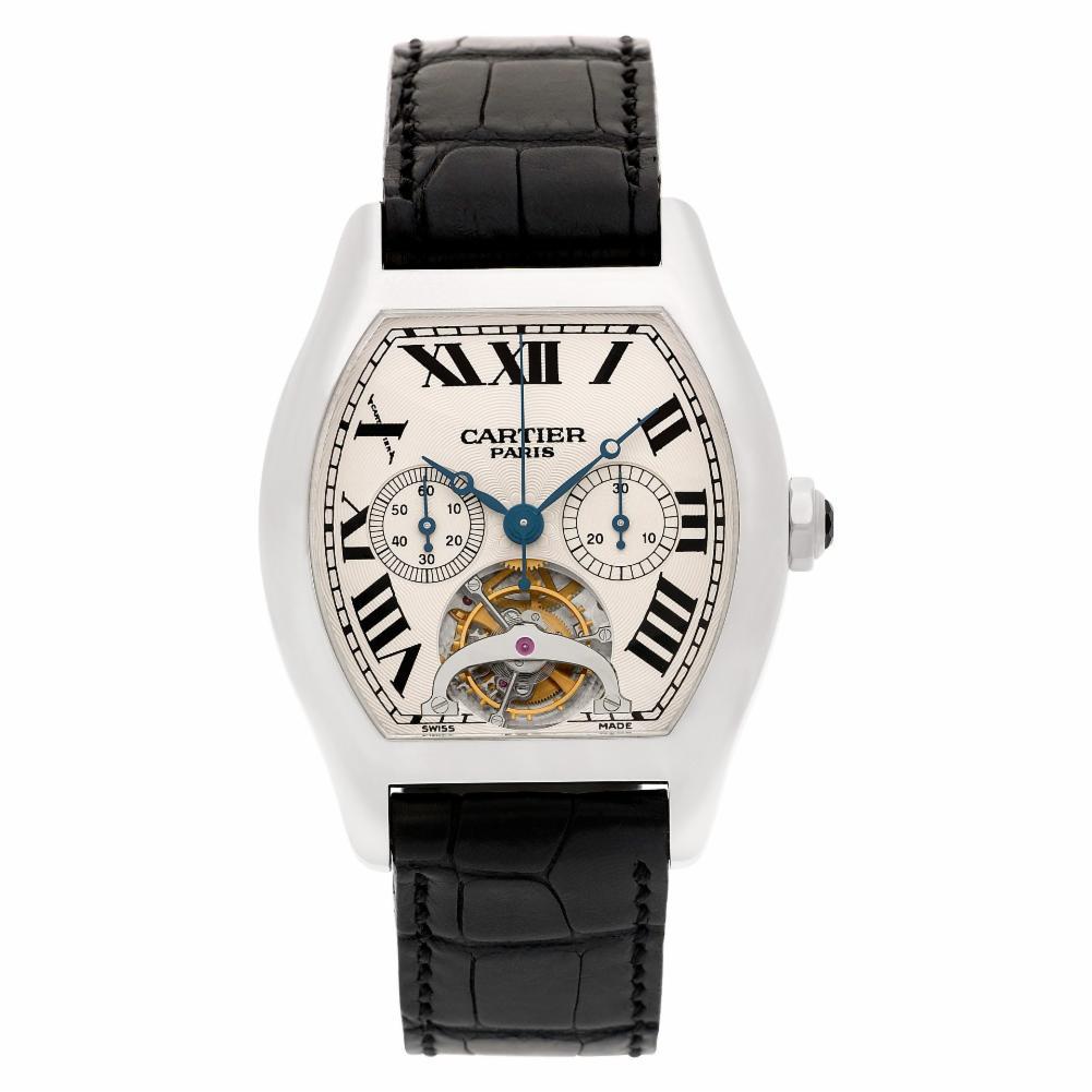 Cartier Tortue Reference #:W1545751. Gents Cartier Tortue XL Tourbillon Chronograph Monopoussoir in platinum with single button chronograph on alligator strap. Manual w/ subseconds, chronograph and tourbillon. Unused with box and papers. Ref