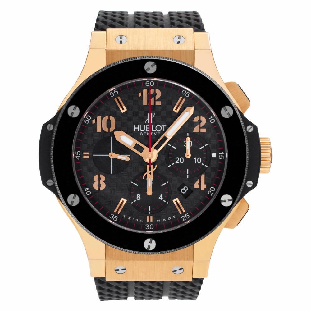 Hublot Big Bang Reference #:301PB131RX Hublot Big Bang in 18k rose gold and black ceramic on a rubber strap with 18k rose gold deployant buckle. Auto movement under glass w/ subseconds, date and chronograph. Complete with box. Part of collection -