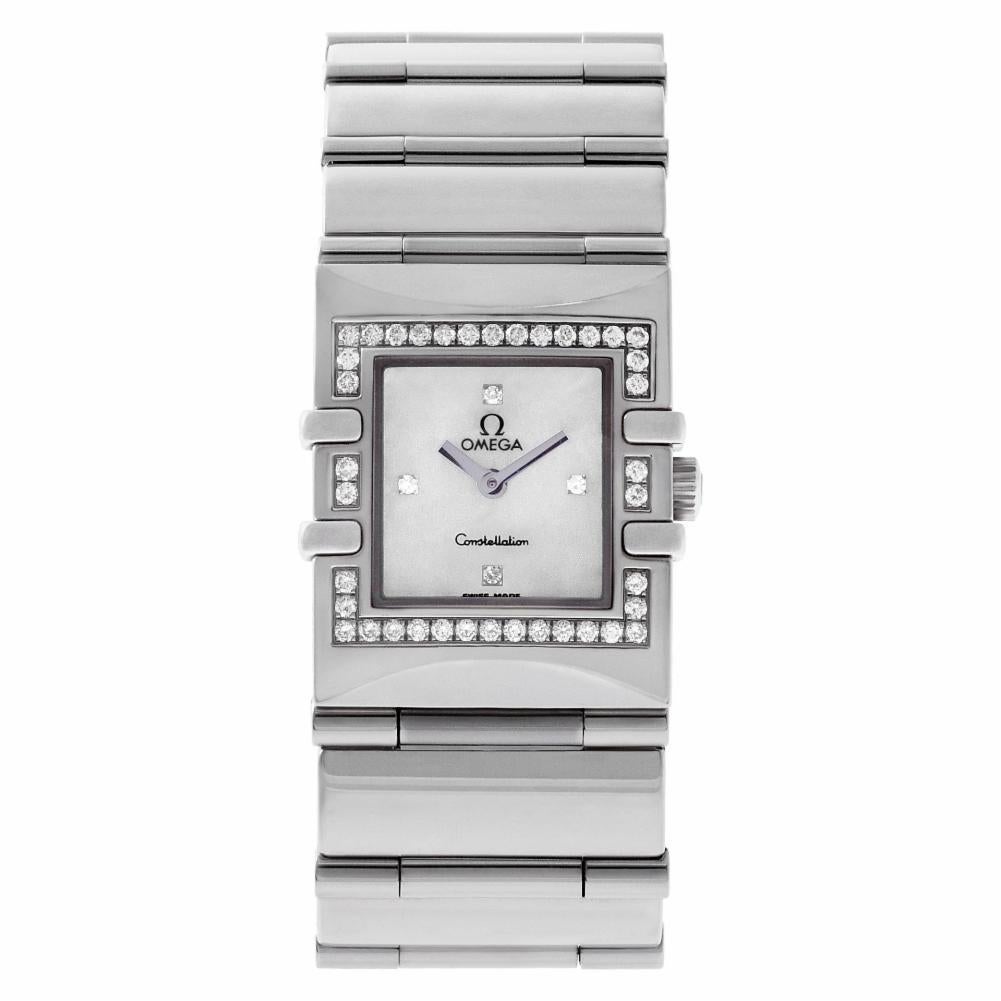 Omega Constellation Reference #:1528.76.00. Ladies Omega Constellation Quadra in stainless steel with Mother of Pearl diamond dial and diamond bezel. Quartz. Ref 1528.76.00. Fine Pre-owned Omega Watch. Certified preowned Classic Omega Constellation