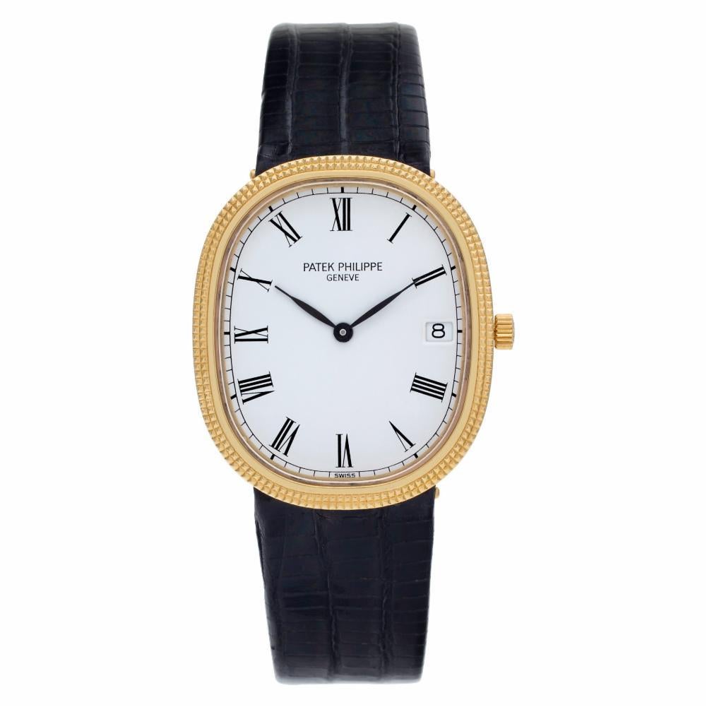 Patek Philippe Ellipse Reference #:3931. Patek Philippe Ellipse in 18k yellow gold on a lizard strap with 18 tang buckle. Manual w/ date. Ref 3931. Circa 1980s. Fine Pre-owned Patek Philippe Watch. Certified preowned Classic Patek Philippe Ellipse