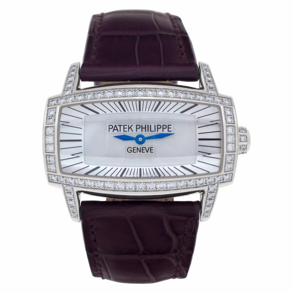 Patek Philippe Gondolo Reference #:4981G-001. Elegant Patek Philippe Gondolo Gemma in 18k white gold diamond case and lugs on a leather strap with Patek Philippe 18k tang buckle. Quartz. With papers. Ref 4981G-001. Circa 2014. Fine Pre-owned Patek