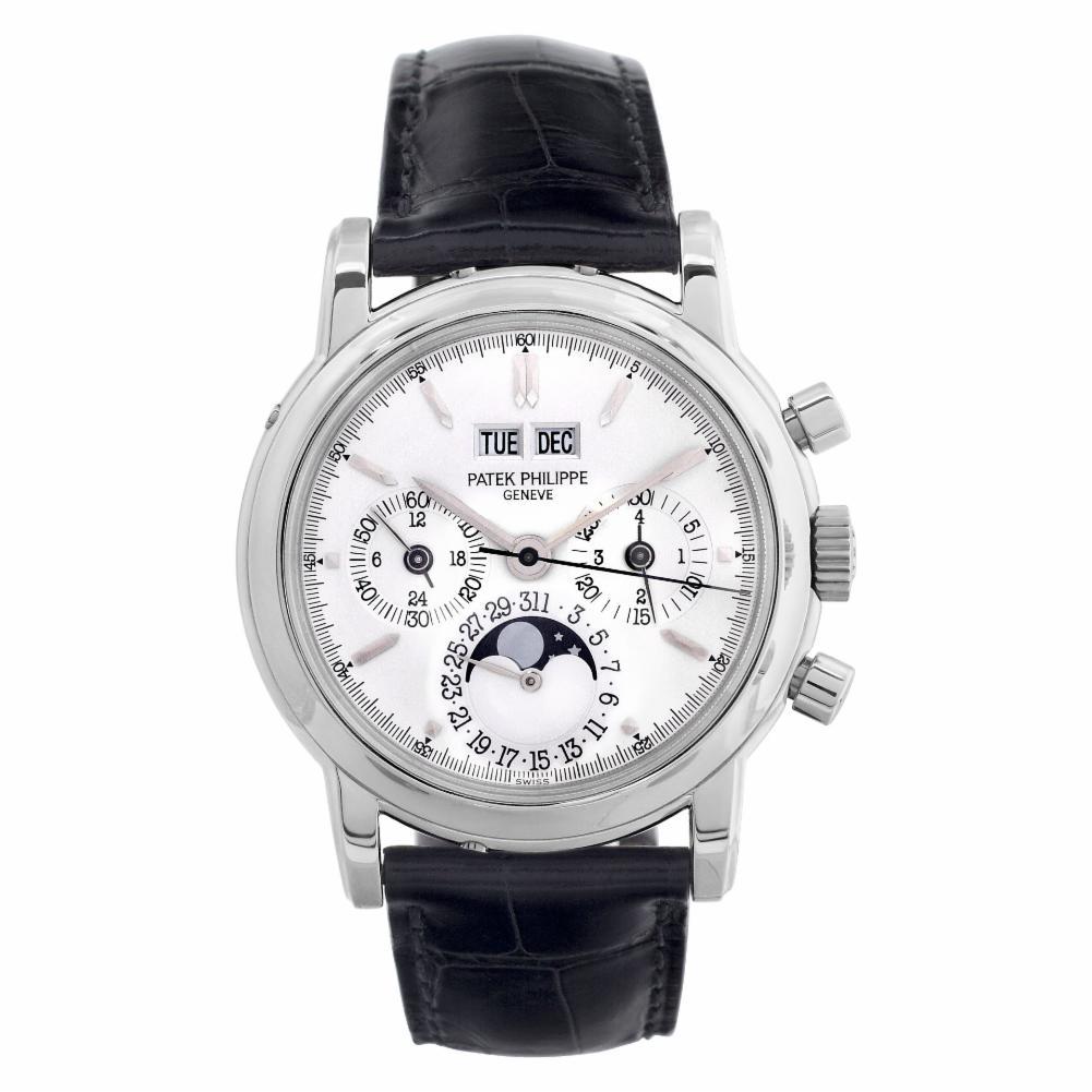 Patek Philippe Perpetual Calendar Reference #:3970EP/3970P/ 3870E. Collectible Patek Philippe Perpetual Calendar in platinum on a black alligator strap with platinum deployant buckle. Manual w/ subseconds, date, day, perpetual calendar and