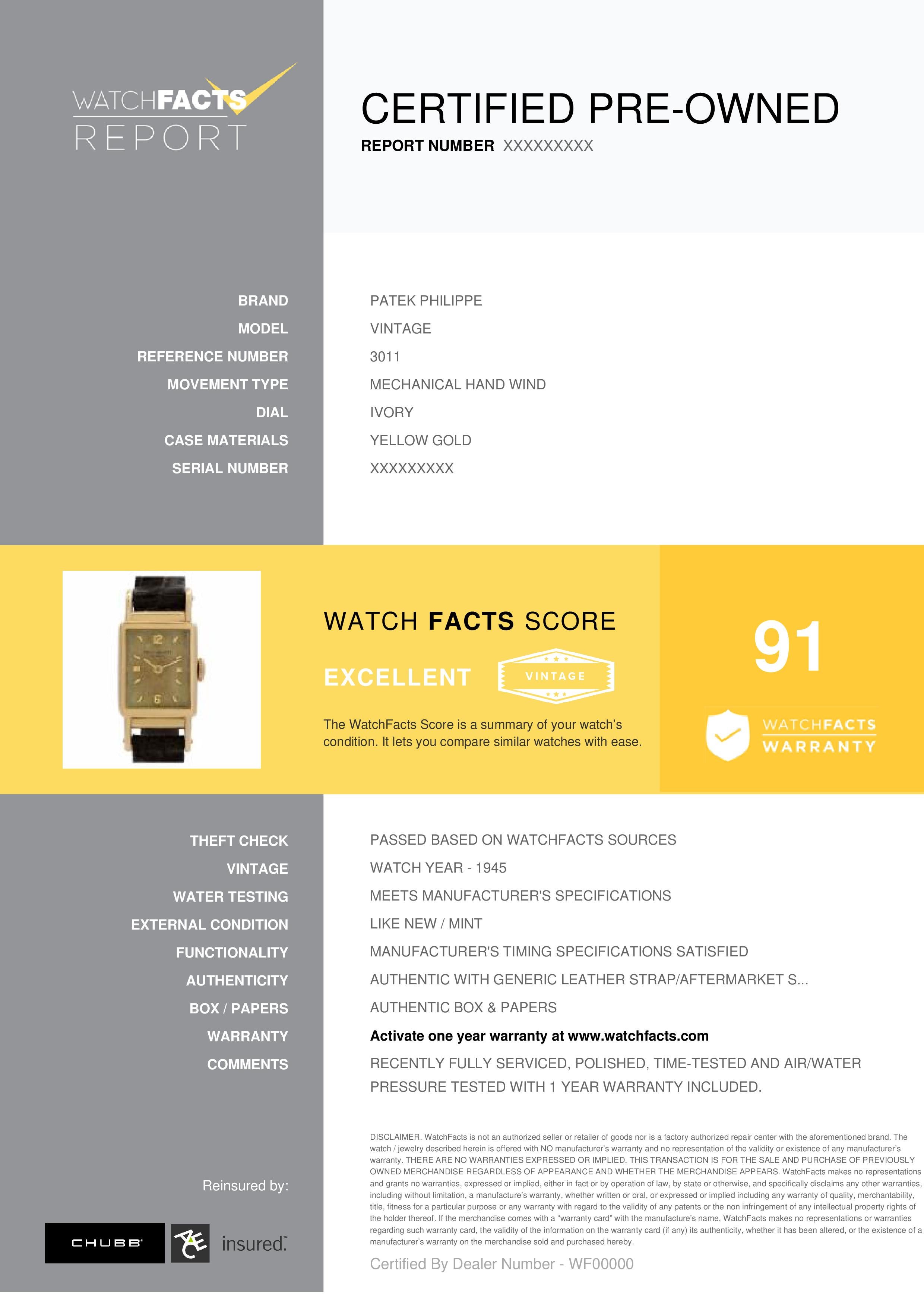 Patek Philippe Vintage Reference #:3011. Ladies Patek Philippe from 1945 in 18k. Manual. With Patek Philippe Archive papers. Ref 3011. Fine Pre-owned Patek Philippe Watch. Certified preowned Vintage Patek Philippe Vintage 1945 3011 watch is made out