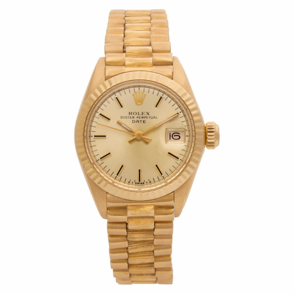 Rolex Date Reference #:6916. Ladies Rolex Date in 18k yelow gold on president bracelet.  Auto with sweep seconds. Ref 6916. Circa 1980. Fine Pre-owned Rolex Watch. Certified preowned Rolex Date 6916 watch is made out of yellow gold on a Gold