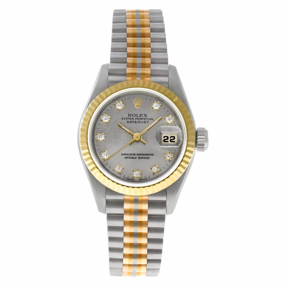 Rolex Datejust Reference #:69179. Ladies Rolex Tridor Datejust in 18k white, yellow gold & pink gold with fatory original Anniversary diamond dial. Auto w/ sweep seconds and date. Ref 69179B. Circa 1993. Fine Pre-owned Rolex Watch. Certified