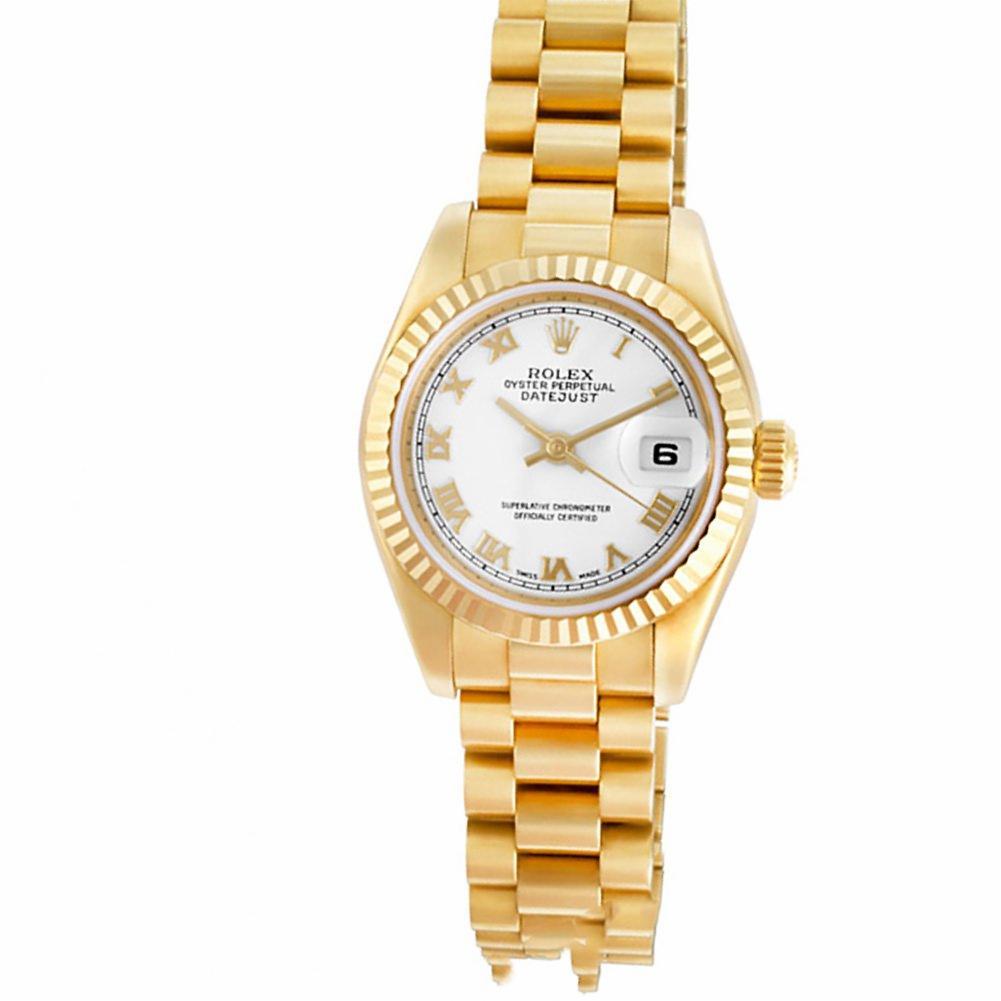 Rolex Datejust Reference #:179178. Ladies Rolex Datejust in 18k gold with gold applied Roman numeral dial on newest style heavy President band. Auto w/ sweep seconds and date. With box and papers. Ref 179178. Circa 2003. Fine Pre-owned Rolex Watch.