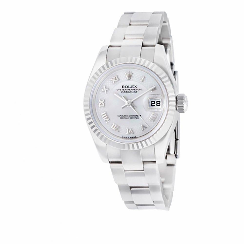 Rolex Datejust Reference #:179179. Gents Rolex Datejust in 18k white gold with factory Arabic Mother of Pearl dial on an Oyster link bracelet with newest style clasp. Auto w/ sweep seconds and date. With box and papers. Ref 179179. Circa 2003. Fine