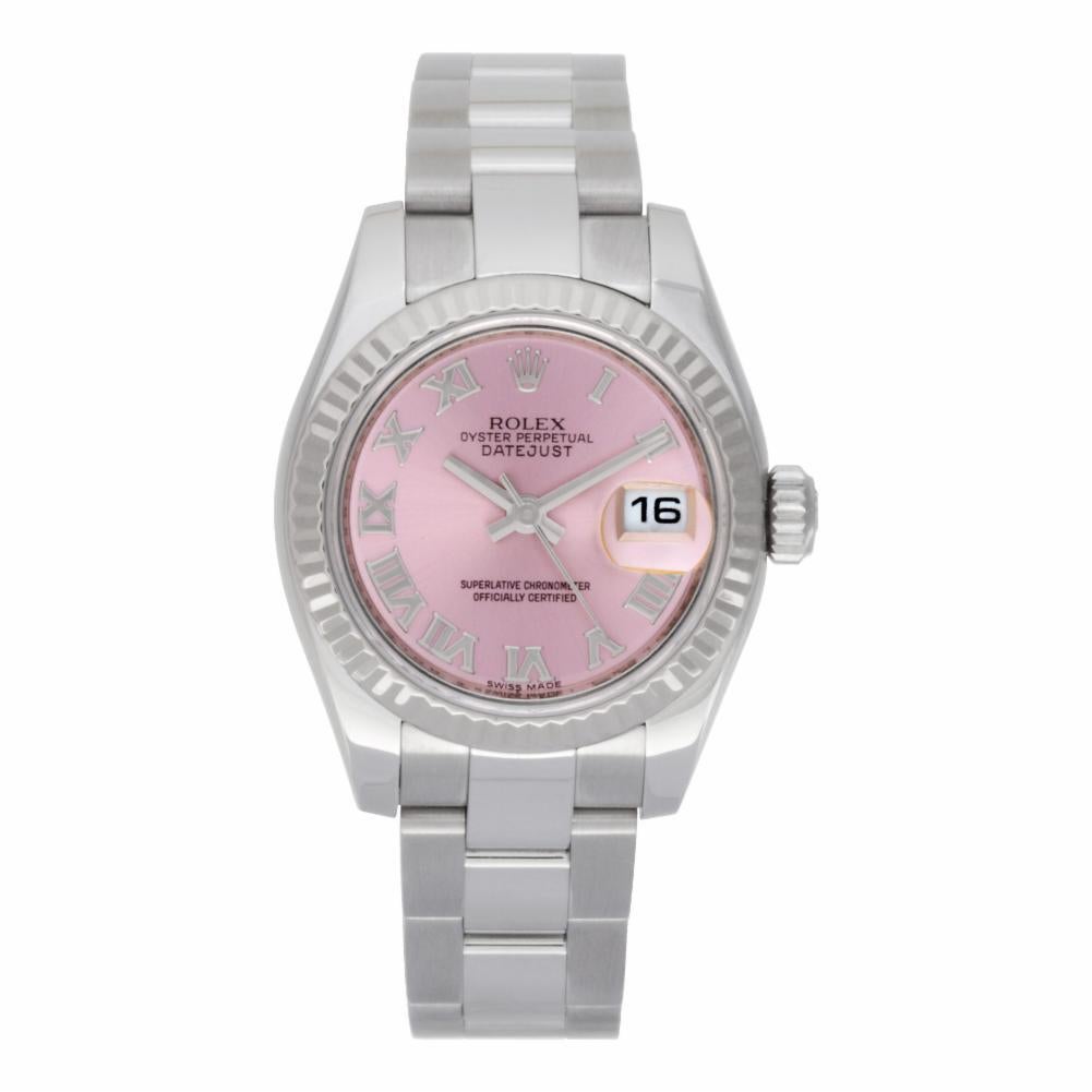 Rolex Datejust Reference #:179174. Ladies Rolex Datejust in stainless steel with 18k white gold fluted bezel set with pink dial and applied Roman numeral hour markers.  Auto w/sweep seconds and date. With papers. Ref 179174. Circa 2014 Fine