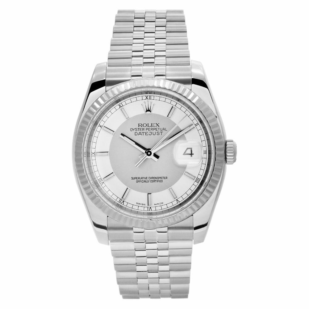 Rolex Datejust Reference #:116234. Gents Rolex Datejust in stainless steel with 18k white gold bezel. Auto, date and sweep seconds. Ref 116234. Circa 2007 Fine Pre-owned Rolex Watch. Certified preowned Sport Rolex Datejust 116234 watch is made out