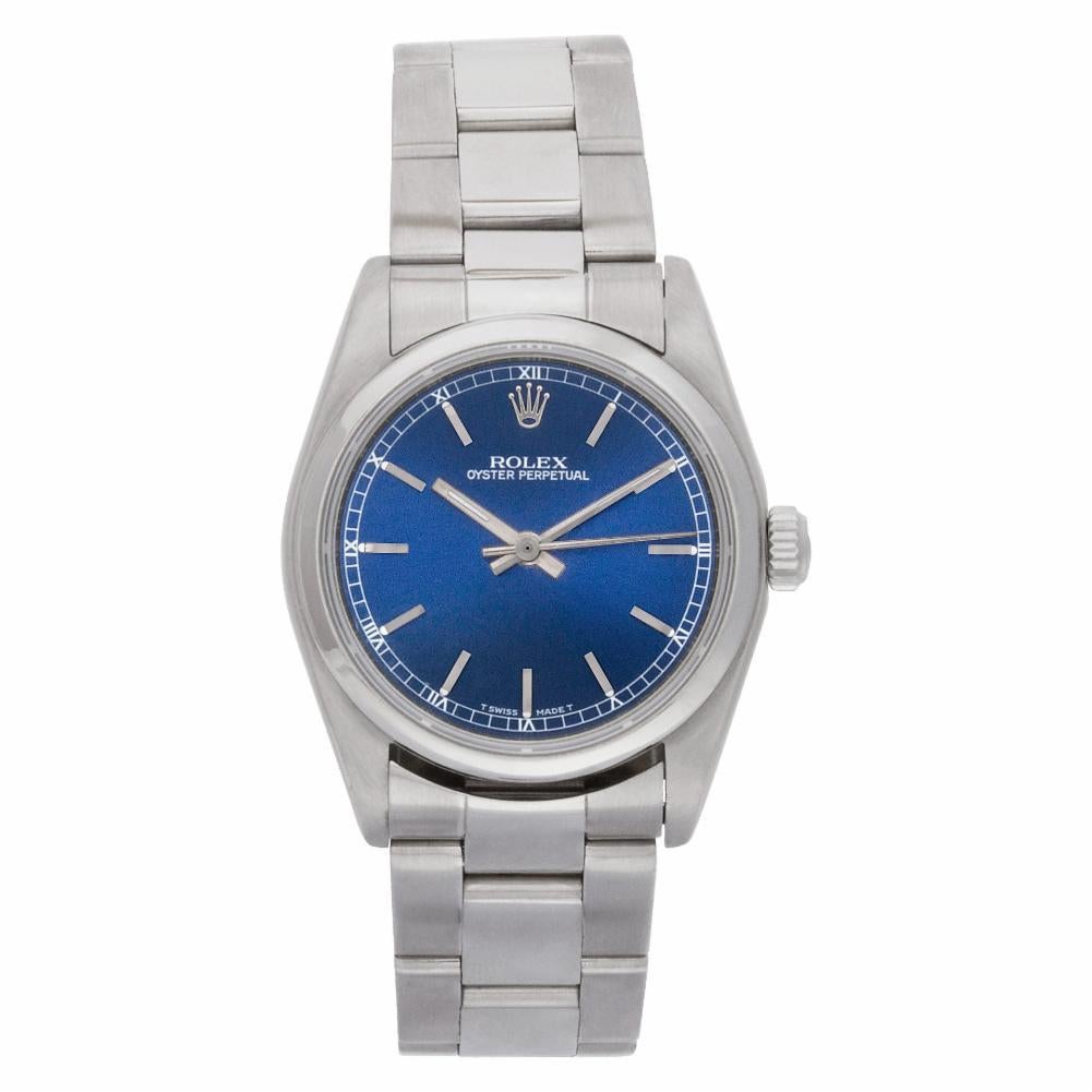 Rolex Oyster Perpetual Reference #:77080. Unisex Rolex Oyster Perpetual in stainless steel. Auto w/ sweep seconds. Ref 77080. Circa 2000. Fine Pre-owned Rolex Watch. Certified preowned Rolex Oyster Perpetual 77080 watch is made out of Stainless