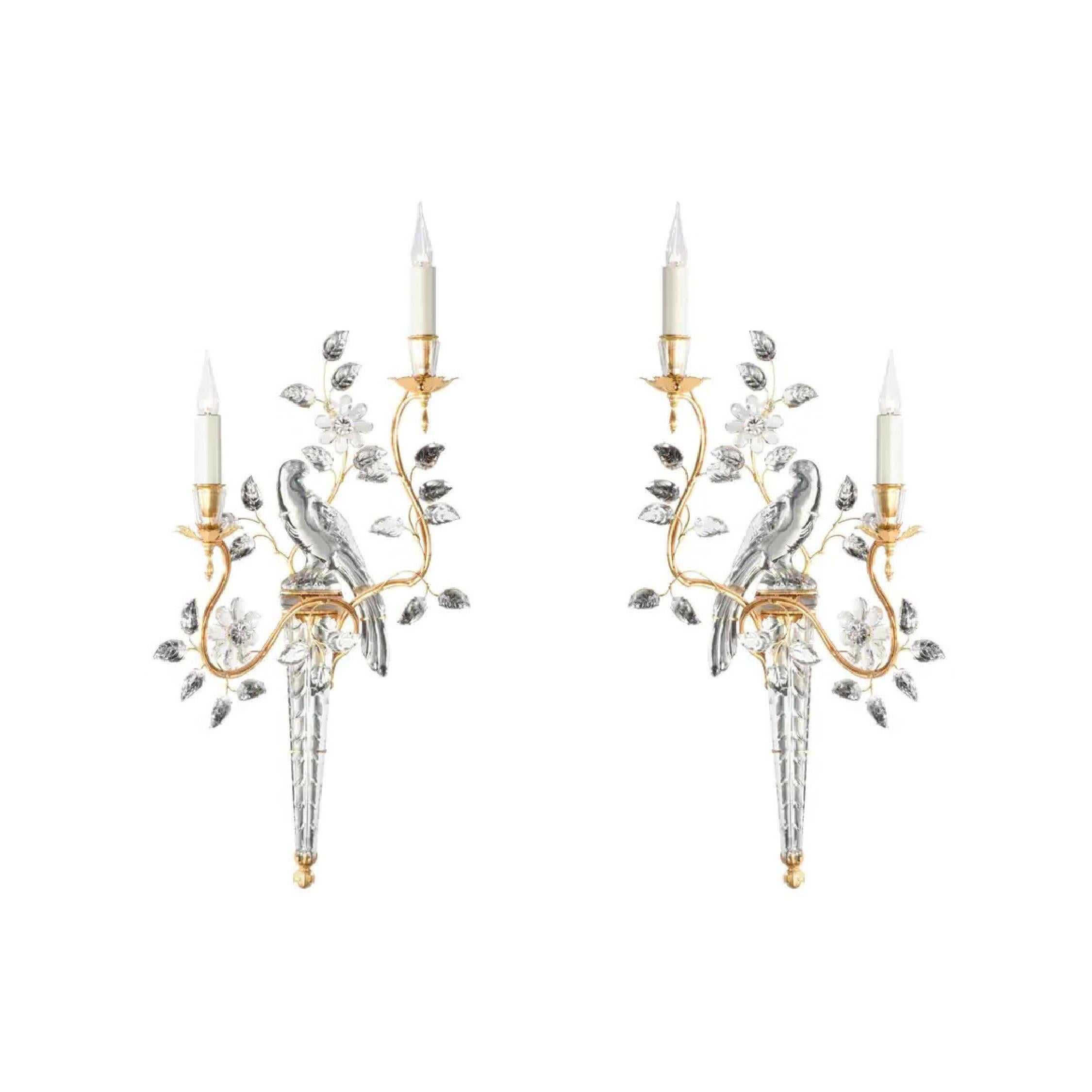 Maison Bagues #10393 2 pairs of 1930s style sconces. Two-light wall sconces in gilt silver or gilt gold finish that are handmade in France.
These decorative wall sconces are iron and crystal as they've always been since the 1930s (UL Listing