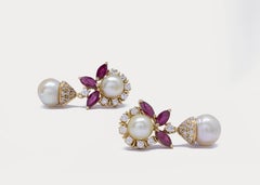 Certified Bahraini Natural Pearls with Diamonds & Ruby 18k Yellow Gold Earrings