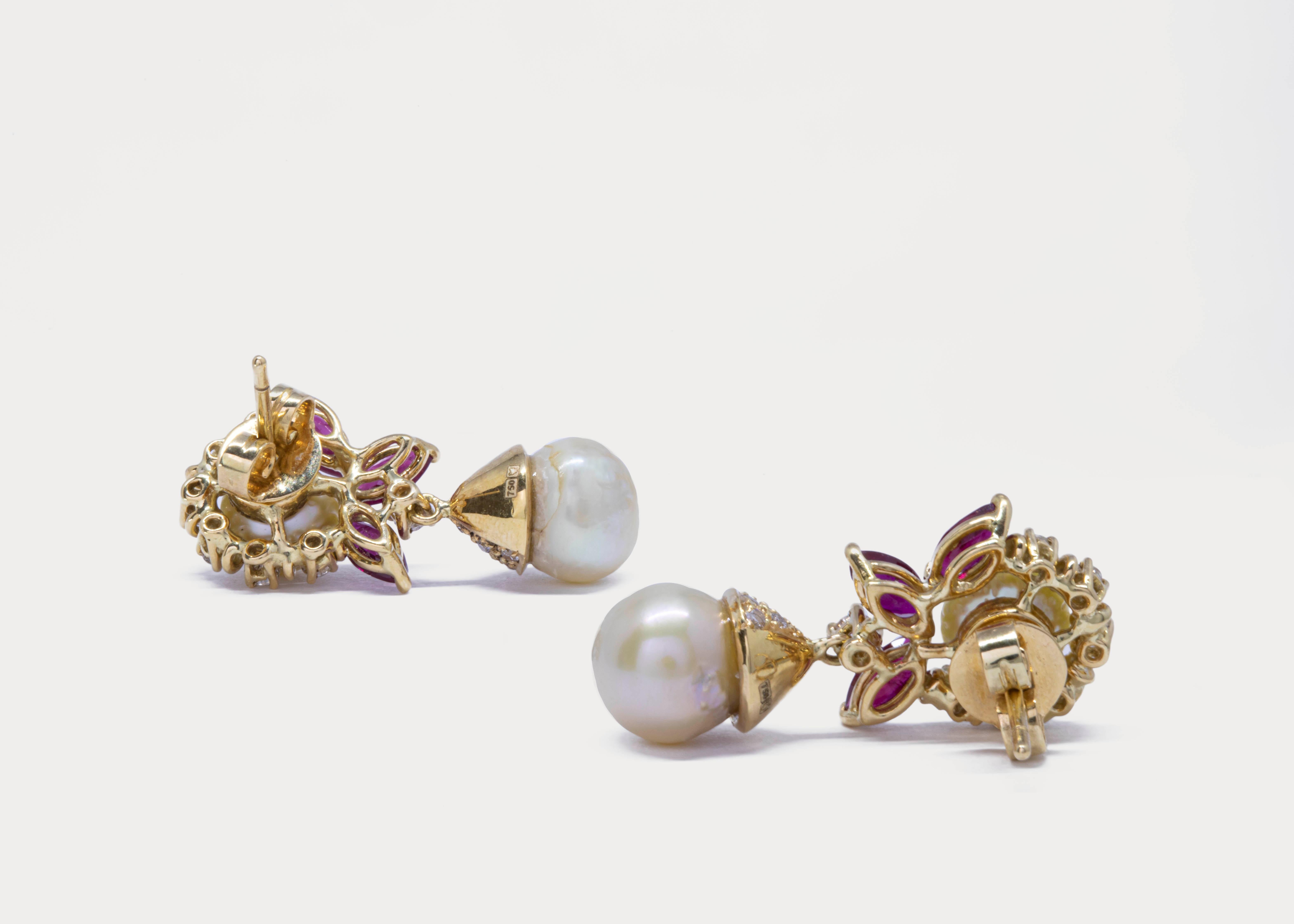 Marquise Cut Certified Bahraini Natural Pearls with Diamonds & Ruby 18k Yellow Gold Earrings For Sale