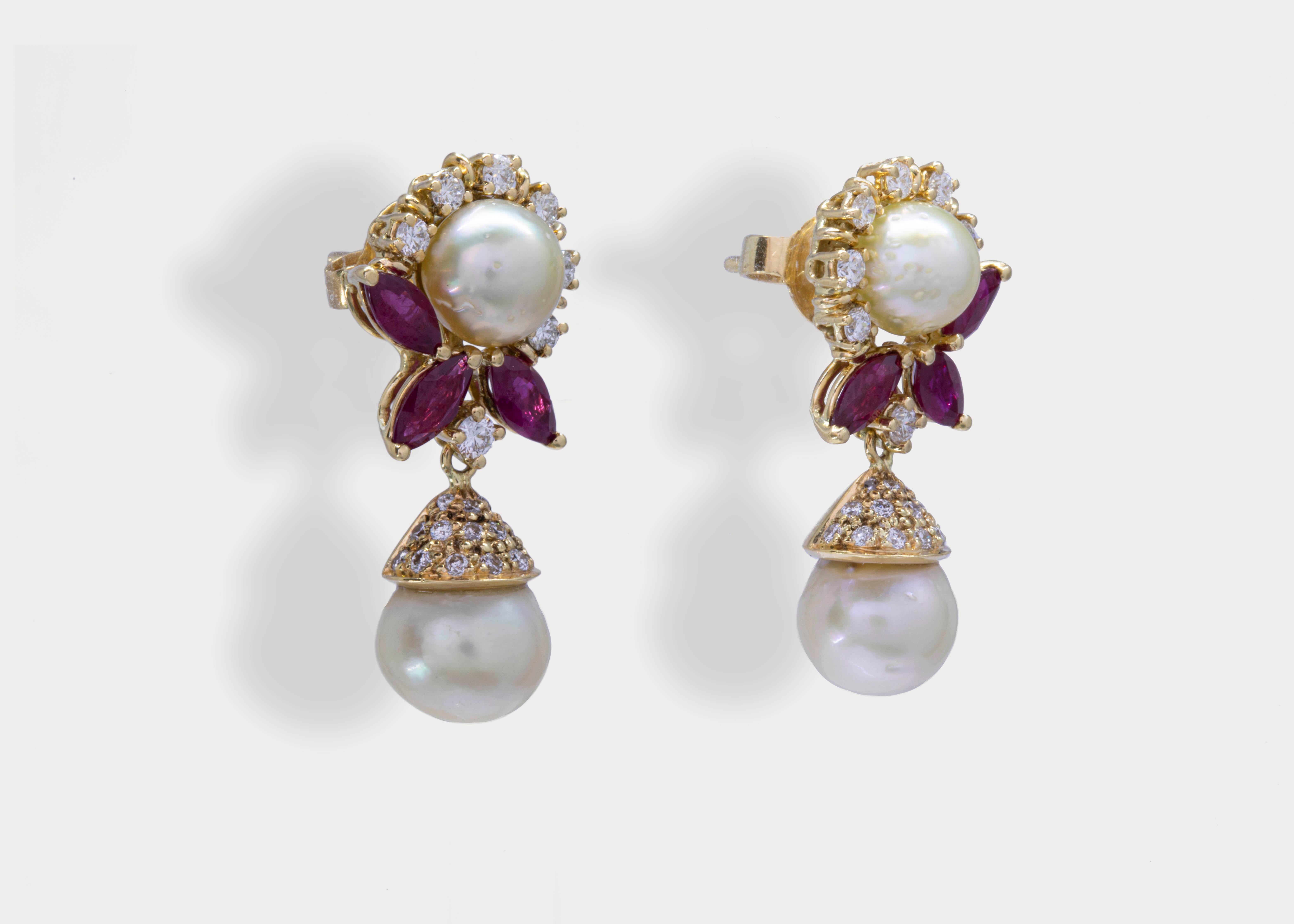 Women's Certified Bahraini Natural Pearls with Diamonds & Ruby 18k Yellow Gold Earrings For Sale