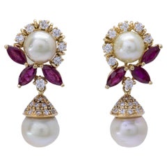 Certified Bahraini Natural Pearls with Diamonds & Ruby 18k Yellow Gold Earrings