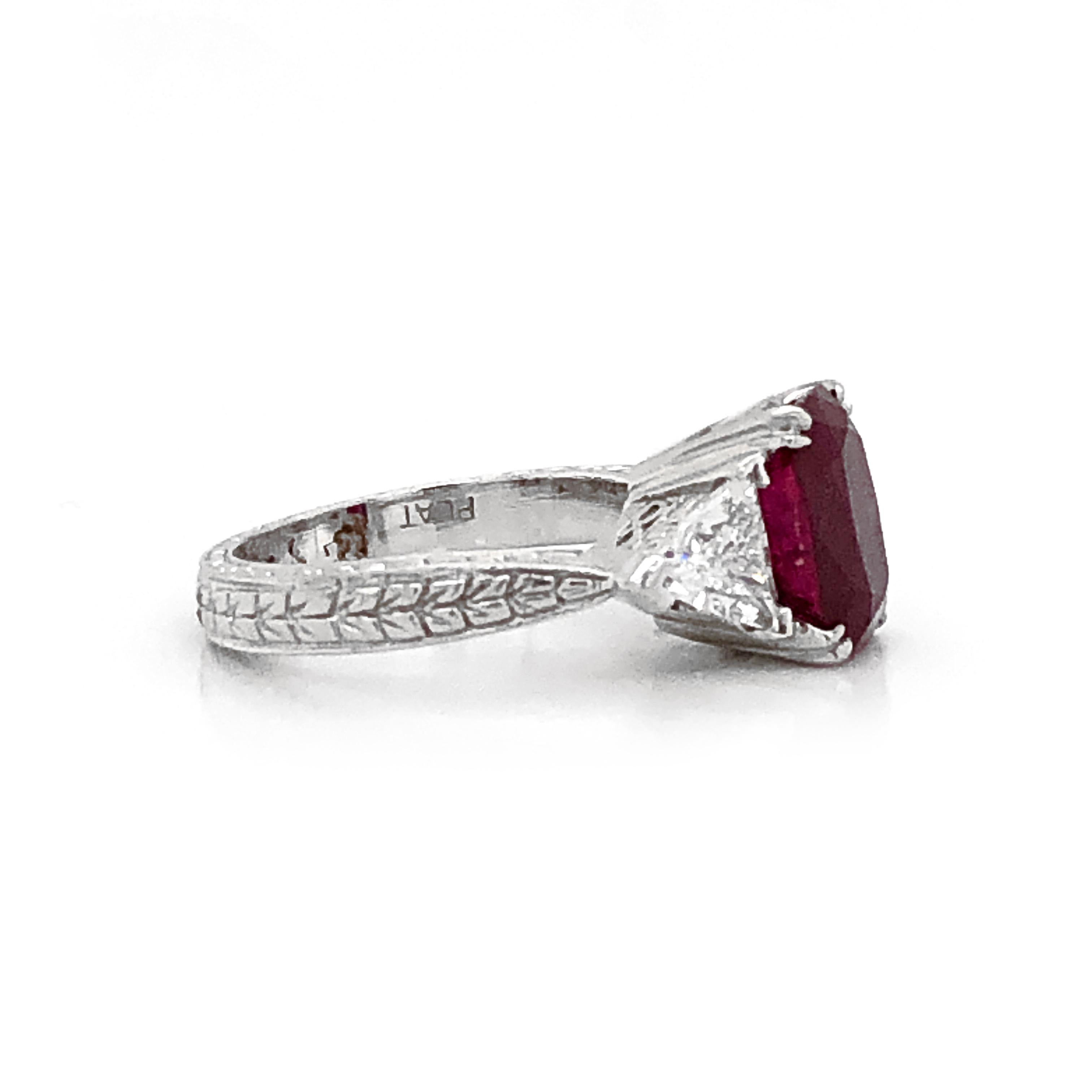 Cushion Cut Certified Burmese Cushion Ruby 3.60 Carat Diamonds Platinum Ring For Sale